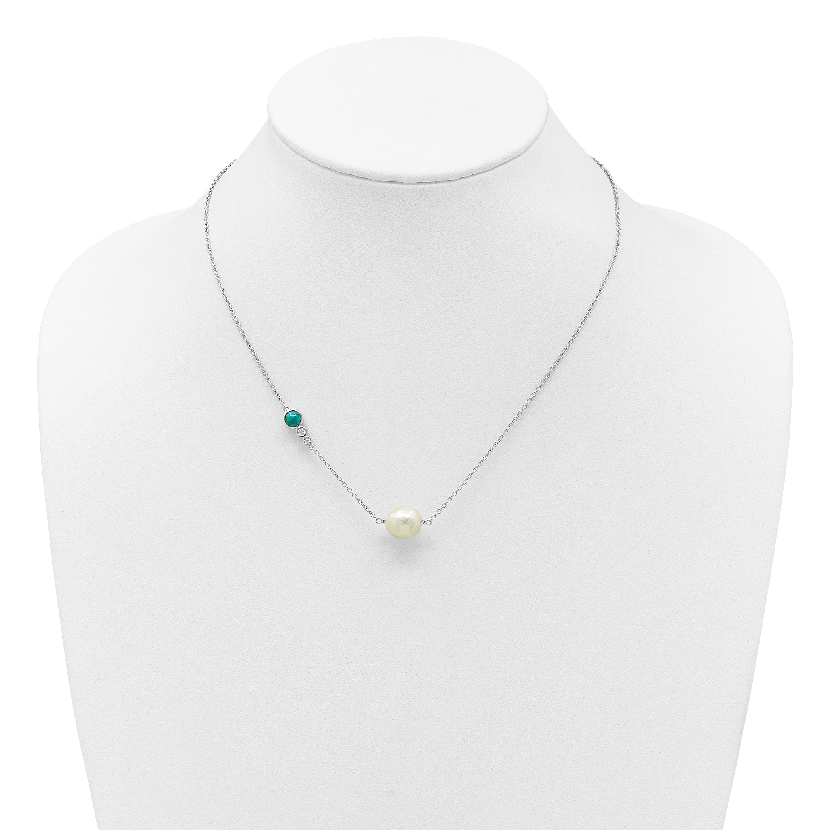 Sterling Silver Rhodium-plated CZ, Compressed Turquoise and White Freshwater Cultured Pearl 16 inch with 2 inch Extension Necklace