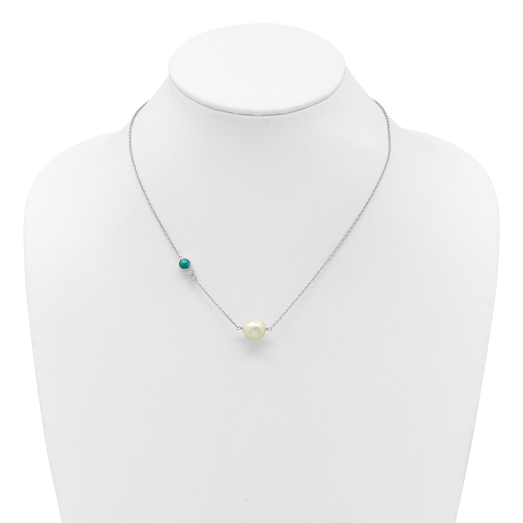 Sterling Silver Rhodium-plated CZ, Compressed Turquoise and White Freshwater Cultured Pearl 16 inch with 2 inch Extension Necklace