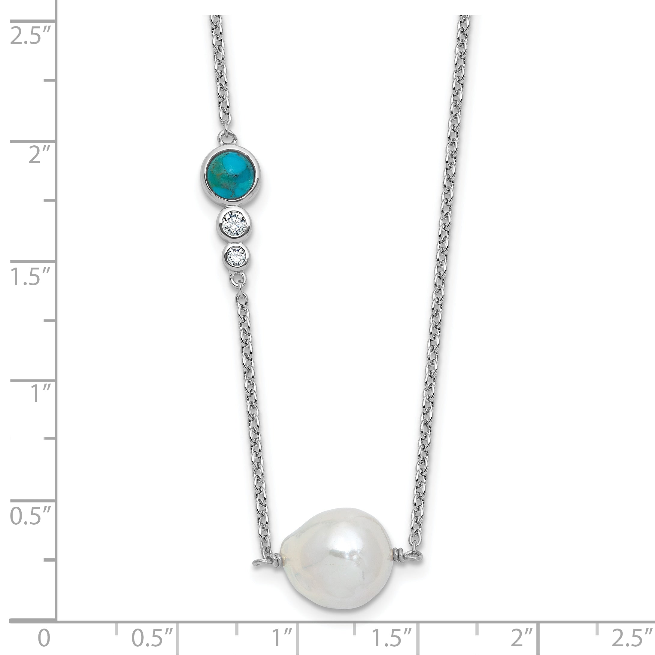 Sterling Silver Rhodium-plated CZ, Compressed Turquoise and White Freshwater Cultured Pearl 16 inch with 2 inch Extension Necklace