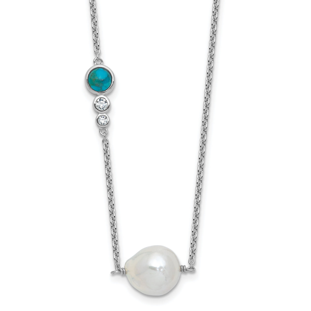 Sterling Silver Rhodium-plated CZ, Compressed Turquoise and White Freshwater Cultured Pearl 16 inch with 2 inch Extension Necklace