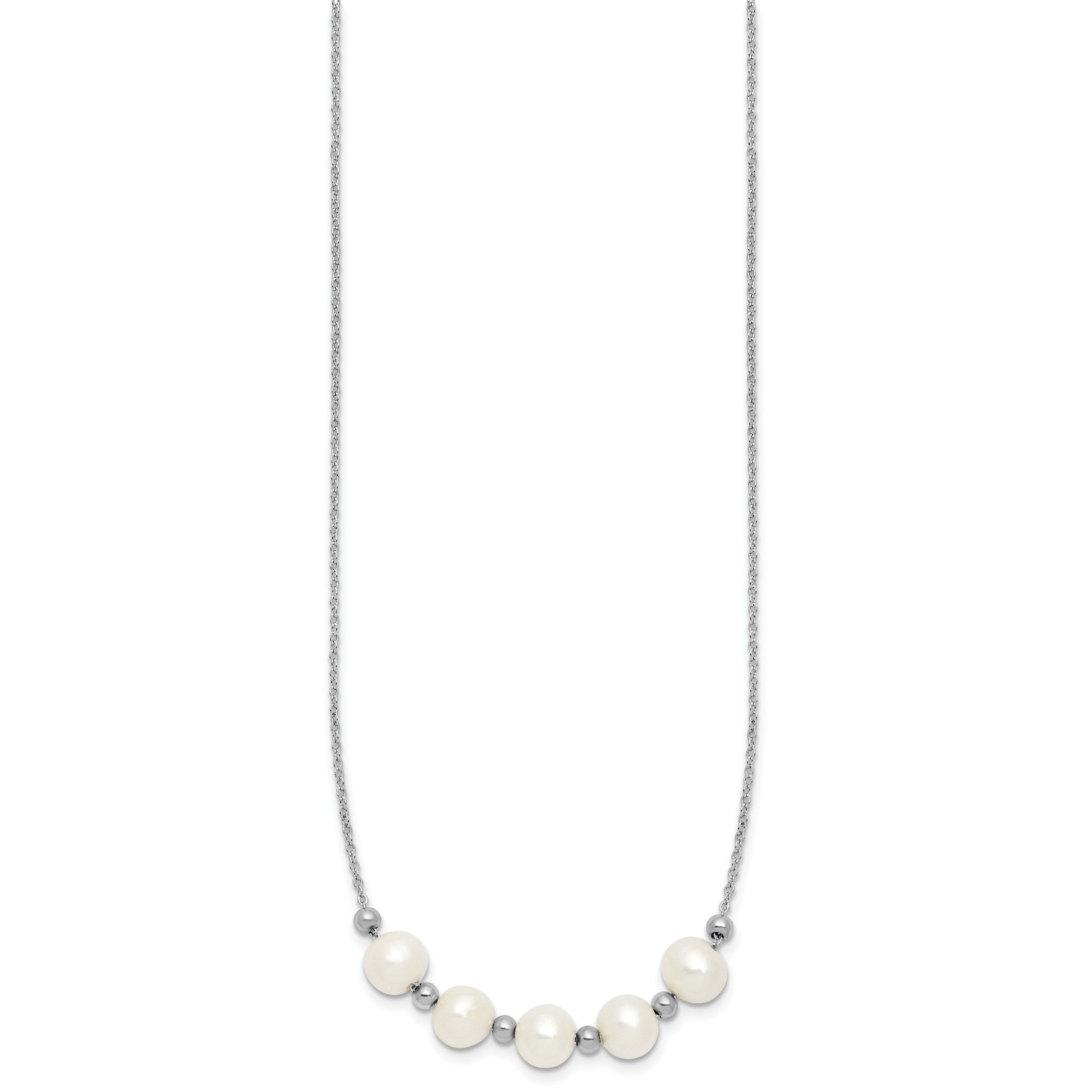 Sterling Silver Rhodium-plated 7-8mm Semi-Round White Freshwater Cultured Pearl and Beads 16 inch with 2 inch Extender Necklace