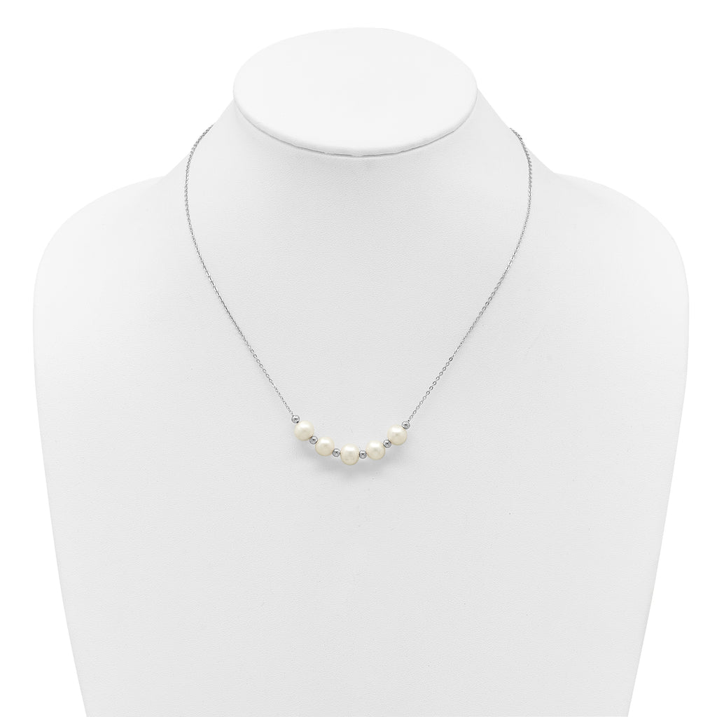 Sterling Silver Rhodium-plated 7-8mm Semi-Round White Freshwater Cultured Pearl and Beads 16 inch with 2 inch Extender Necklace
