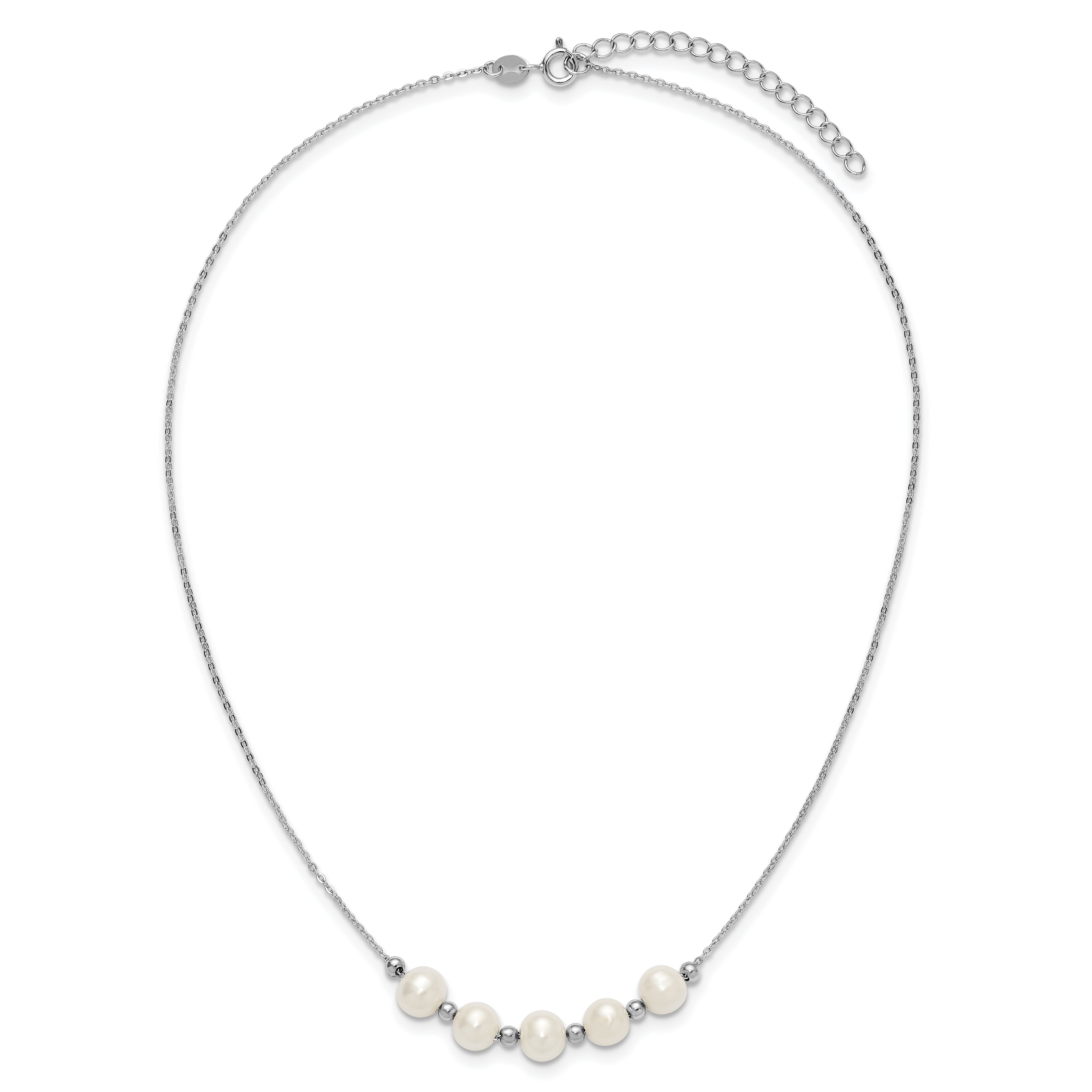 Sterling Silver Rhodium-plated 7-8mm Semi-Round White Freshwater Cultured Pearl and Beads 16 inch with 2 inch Extender Necklace