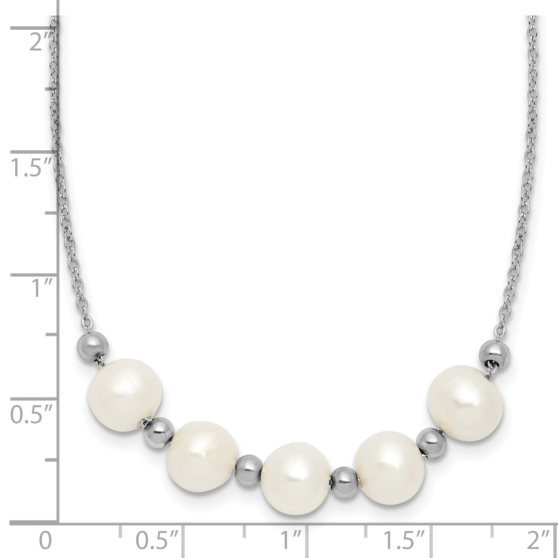 Sterling Silver Rhodium-plated 7-8mm Semi-Round White Freshwater Cultured Pearl and Beads 16 inch with 2 inch Extender Necklace