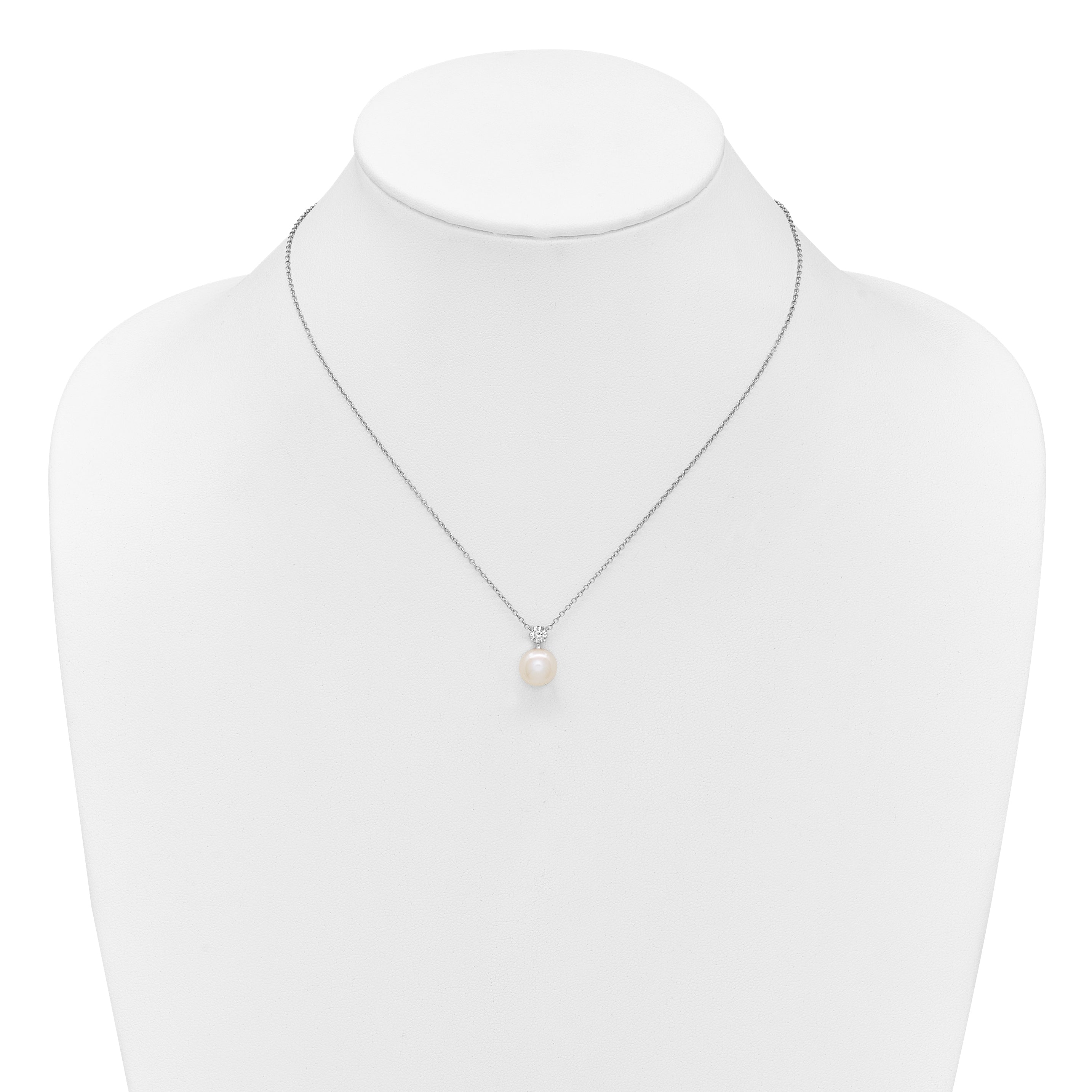 Sterling Silver Rhodium-plated 7-9mm Button White Freshwater Cultured Pearl and CZ 17 inch Necklace and Post Earring Set