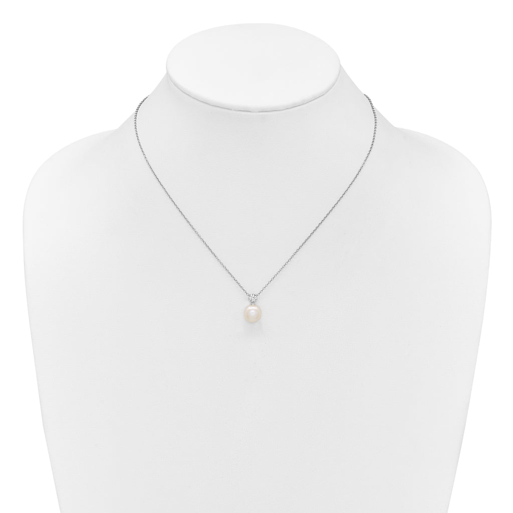 Sterling Silver Rhodium-plated 7-9mm Button White Freshwater Cultured Pearl and CZ 17 inch Necklace and Post Earring Set
