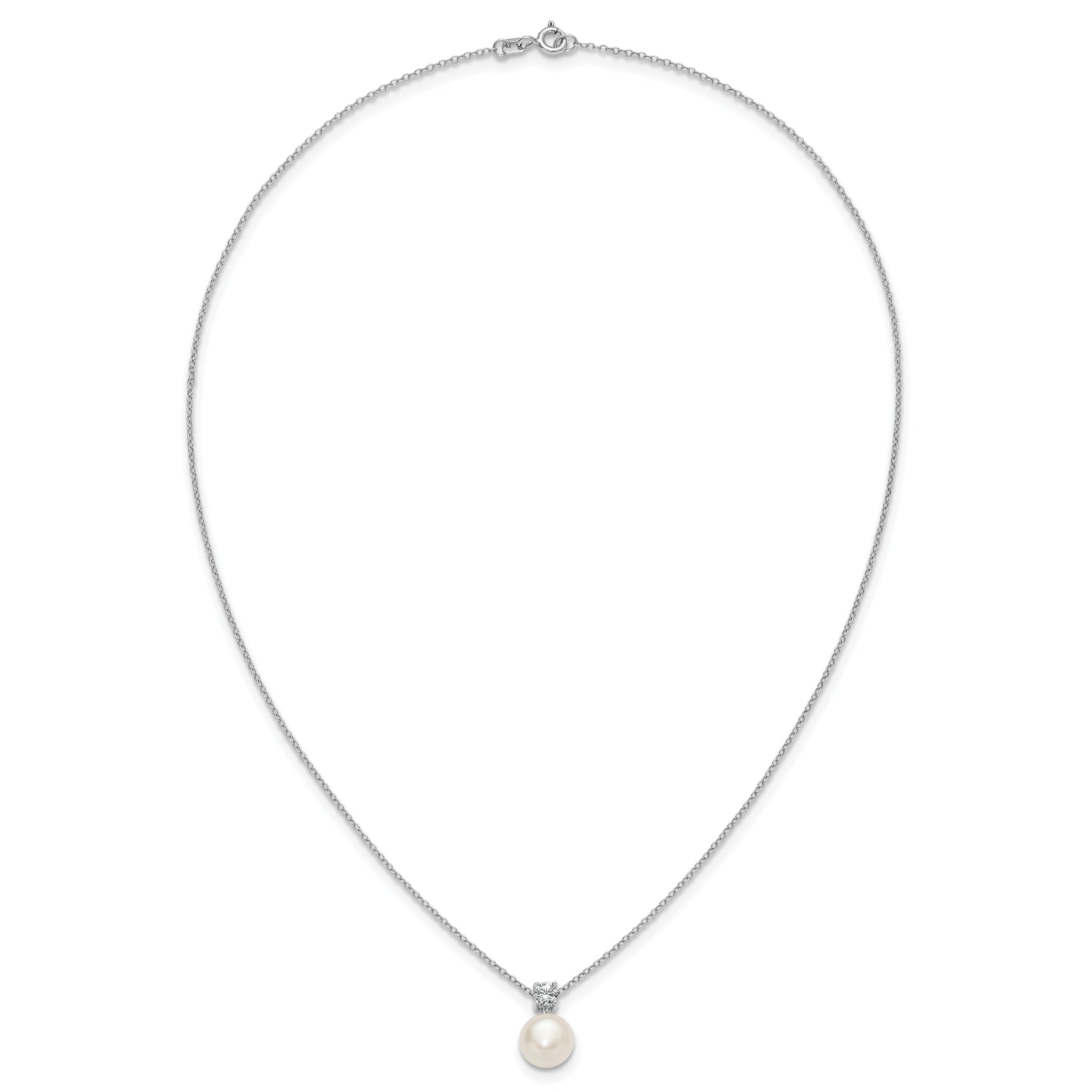 Sterling Silver Rhodium-plated 7-9mm Button White Freshwater Cultured Pearl and CZ 17 inch Necklace and Post Earring Set