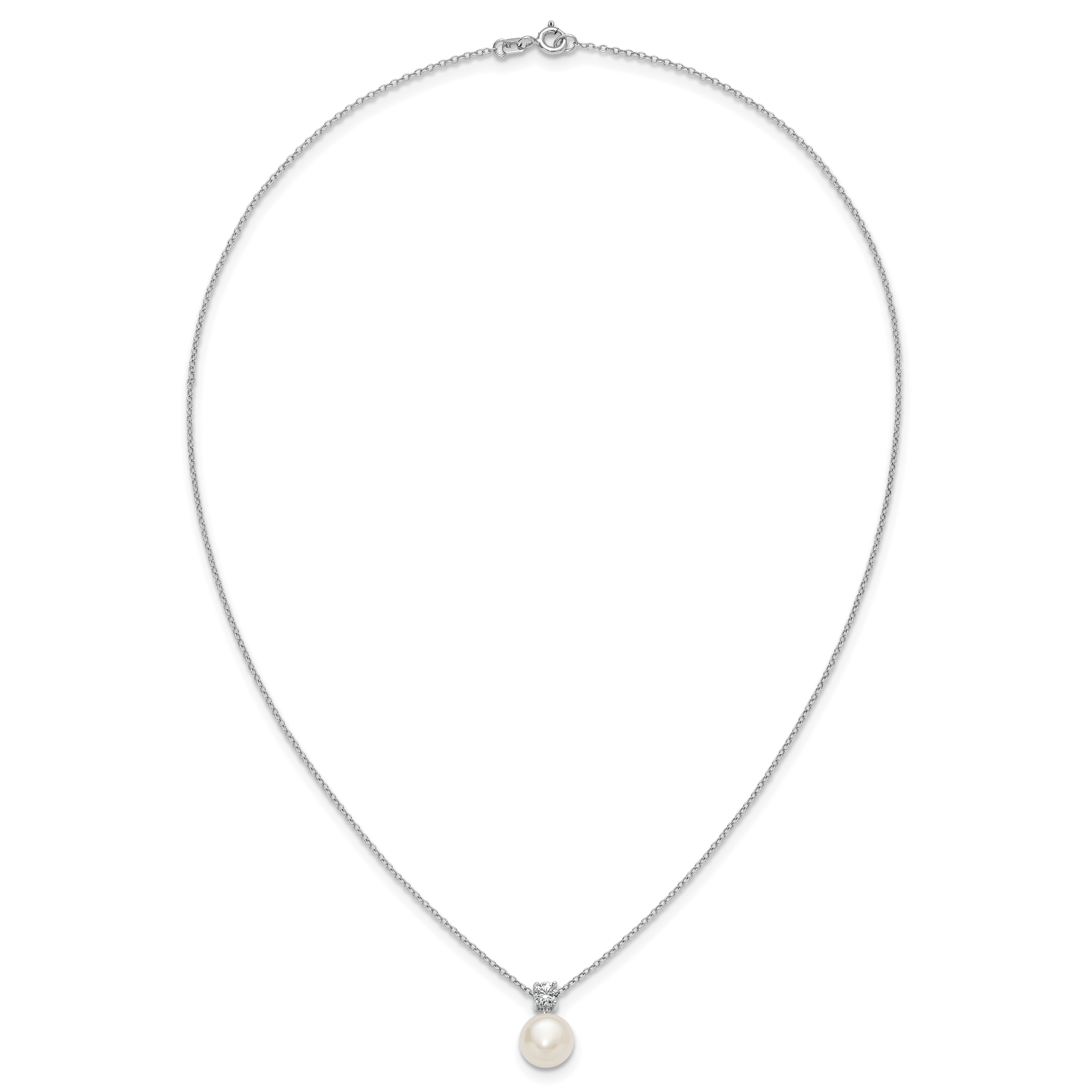 Sterling Silver Rhodium-plated 7-9mm Button White Freshwater Cultured Pearl and CZ 17 inch Necklace and Post Earring Set