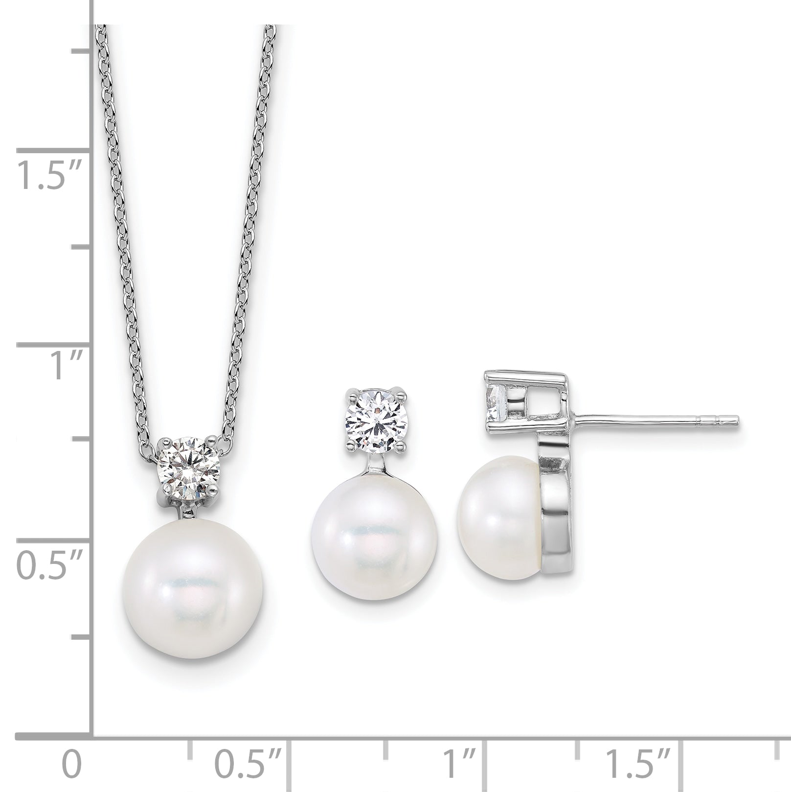 Sterling Silver Rhodium-plated 7-9mm Button White Freshwater Cultured Pearl and CZ 17 inch Necklace and Post Earring Set
