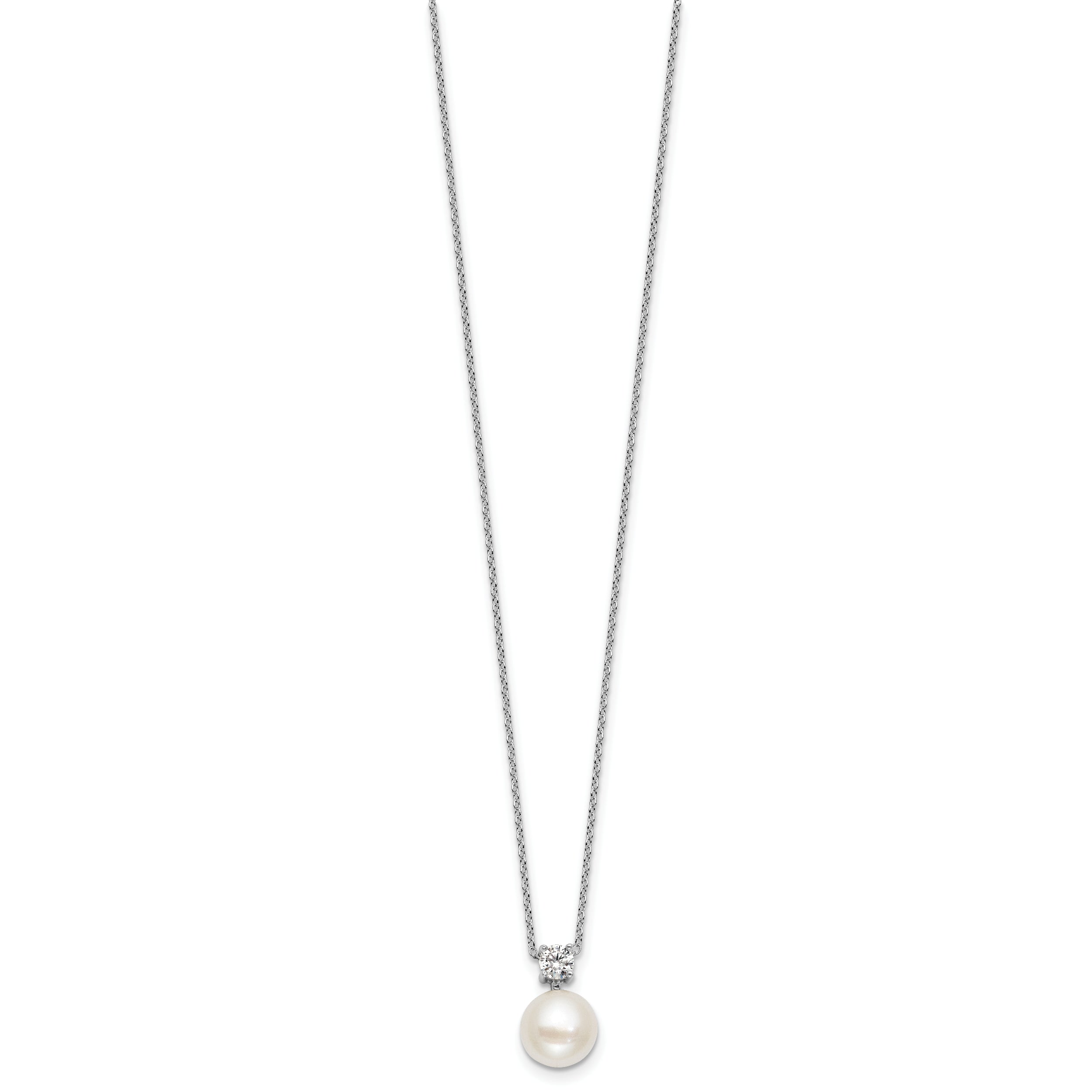 Sterling Silver Rhodium-plated 7-9mm Button White Freshwater Cultured Pearl and CZ 17 inch Necklace and Post Earring Set