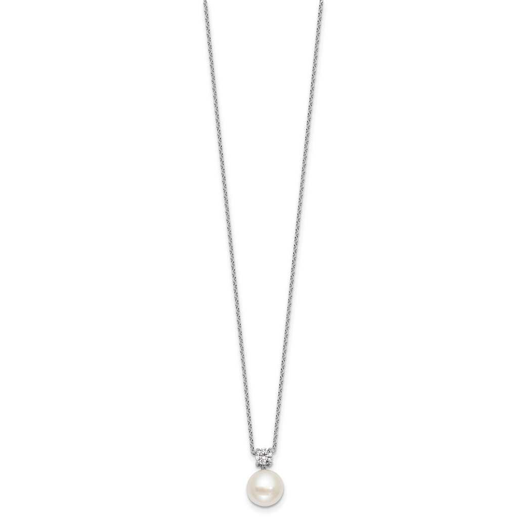 Sterling Silver Rhodium-plated 7-9mm Button White Freshwater Cultured Pearl and CZ 17 inch Necklace and Post Earring Set
