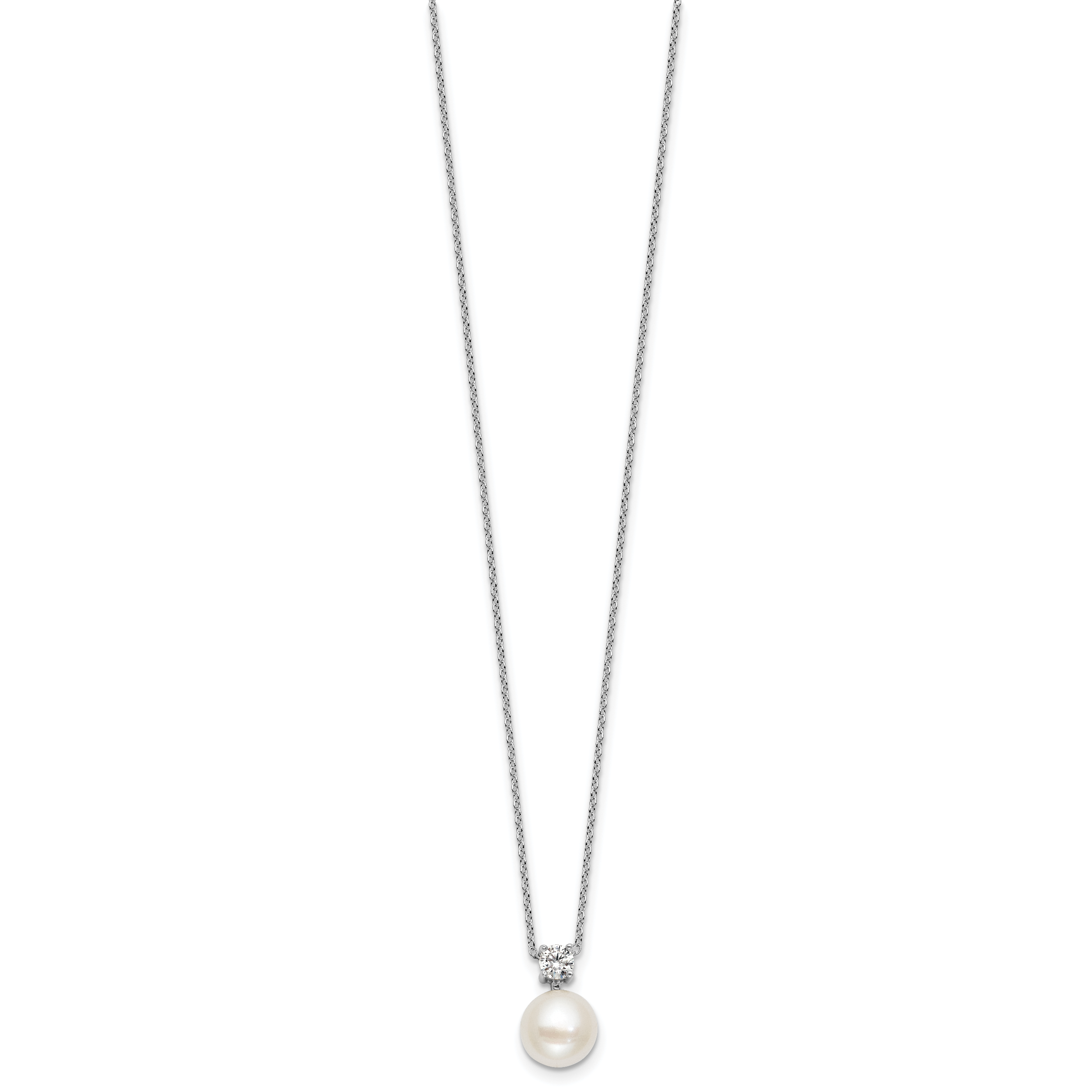 Sterling Silver Rhodium-plated 7-9mm Button White Freshwater Cultured Pearl and CZ 17 inch Necklace and Post Earring Set
