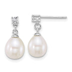 Sterling Silver Rhodium-plated 7-9mm Teardrop White Freshwater Cultured Pearl and CZ 17 inch Necklace and Dangle Post Earring Set