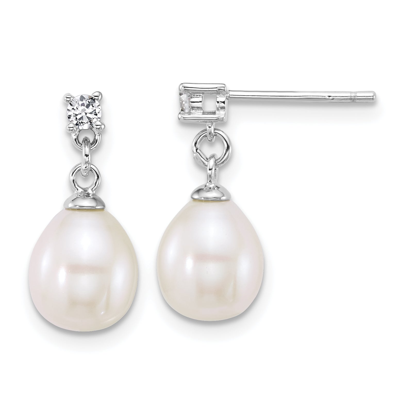 Sterling Silver Rhodium-plated 7-9mm Teardrop White Freshwater Cultured Pearl and CZ 17 inch Necklace and Dangle Post Earring Set