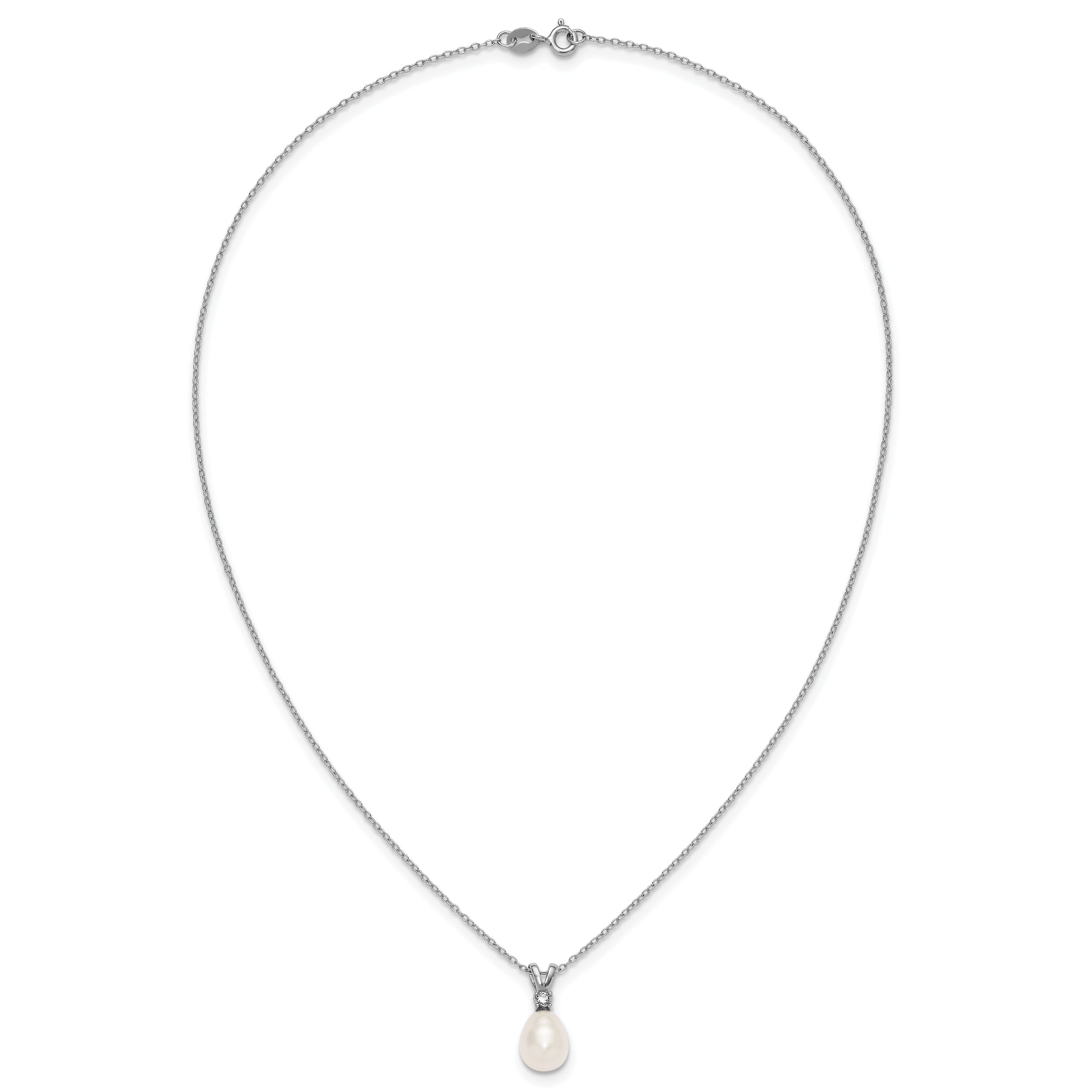 Sterling Silver Rhodium-plated 7-9mm Teardrop White Freshwater Cultured Pearl and CZ 17 inch Necklace and Dangle Post Earring Set