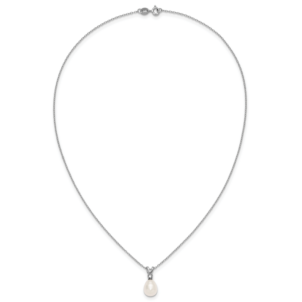 Sterling Silver Rhodium-plated 7-9mm Teardrop White Freshwater Cultured Pearl and CZ 17 inch Necklace and Dangle Post Earring Set