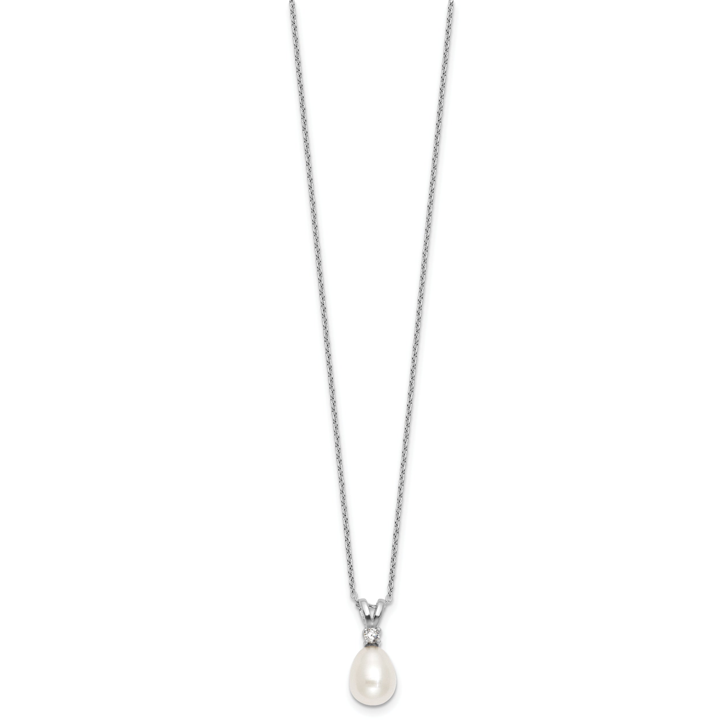 Sterling Silver Rhodium-plated 7-9mm Teardrop White Freshwater Cultured Pearl and CZ 17 inch Necklace and Dangle Post Earring Set