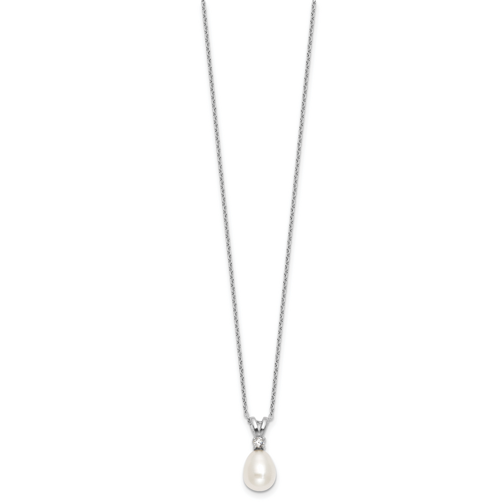 Sterling Silver Rhodium-plated 7-9mm Teardrop White Freshwater Cultured Pearl and CZ 17 inch Necklace and Dangle Post Earring Set