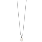 Sterling Silver Rhodium-plated 7-9mm Teardrop White Freshwater Cultured Pearl and CZ 17 inch Necklace and Dangle Post Earring Set