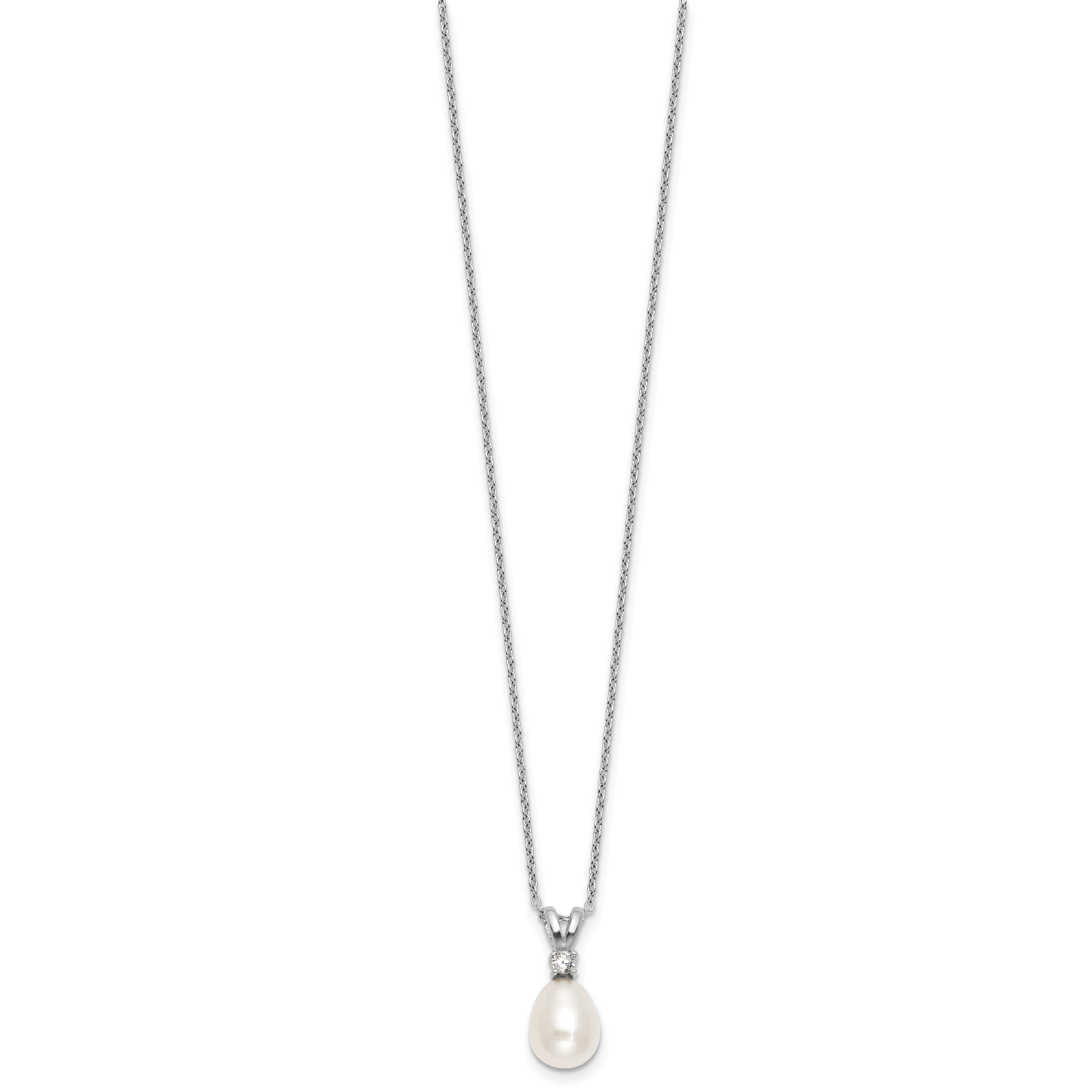 Sterling Silver Rhodium-plated 7-9mm Teardrop White Freshwater Cultured Pearl and CZ 17 inch Necklace and Dangle Post Earring Set