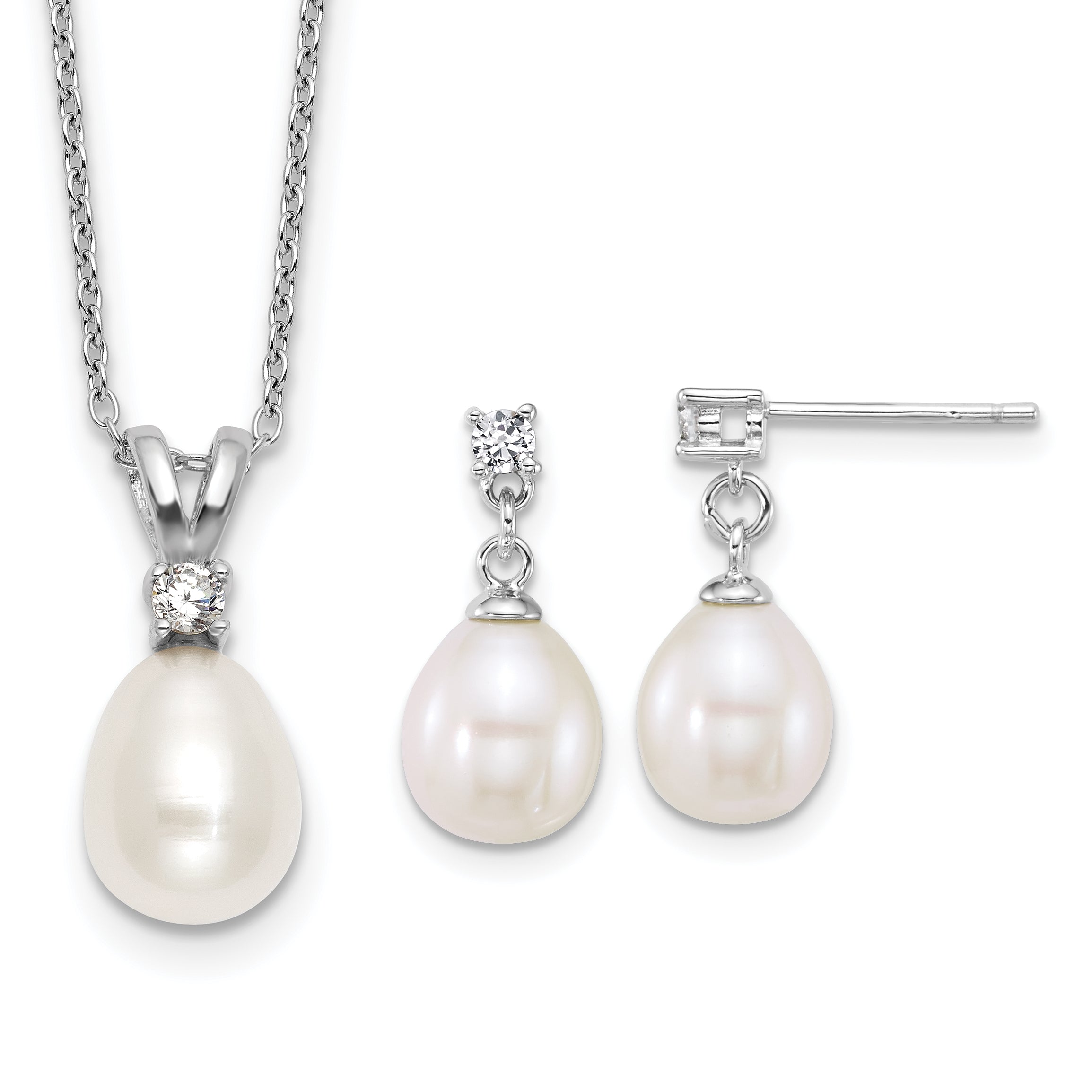 Sterling Silver Rhodium-plated 7-9mm Teardrop White Freshwater Cultured Pearl and CZ 17 inch Necklace and Dangle Post Earring Set Main image