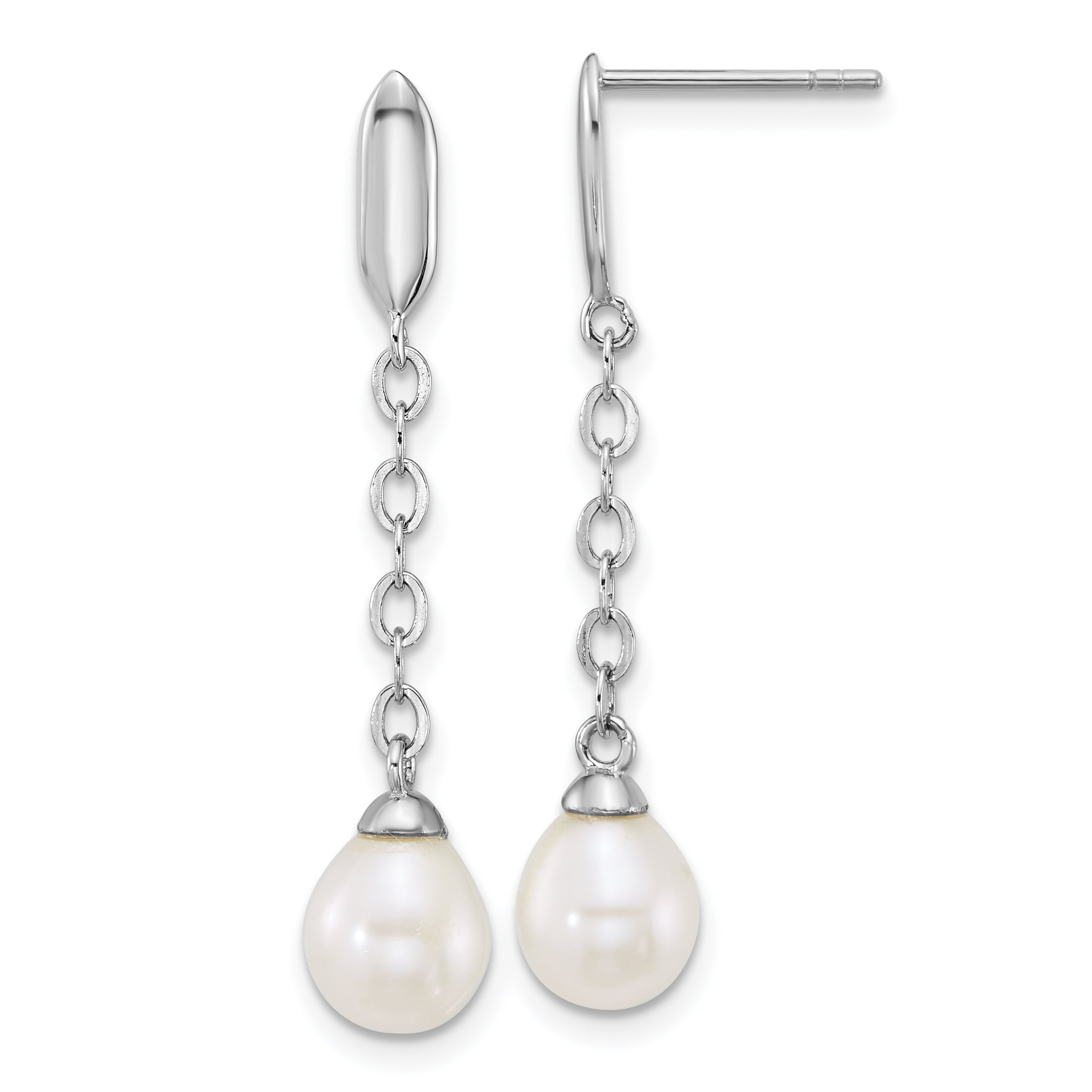 Sterling Silver Rhodium-plated 6-9mm Teardrop White Freshwater Cultured Pearl 16 inch Y-Necklace and Chain Dangle Post Earring Set Secondary image
