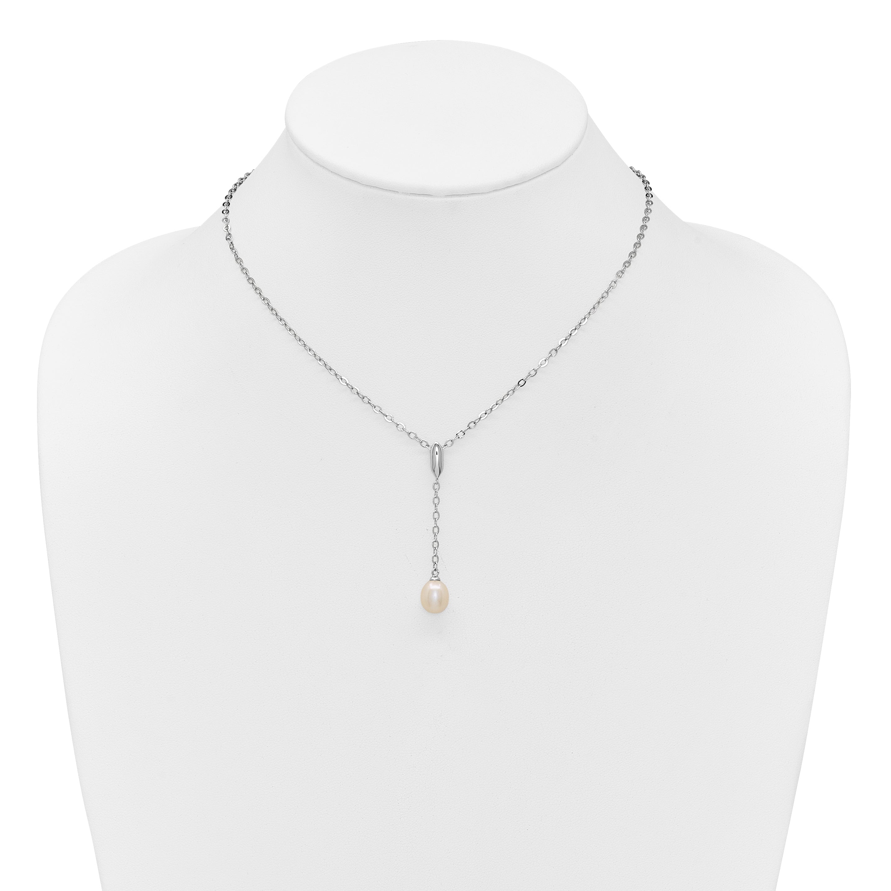 Sterling Silver Rhodium-plated 6-9mm Teardrop White Freshwater Cultured Pearl 16 inch Y-Necklace and Chain Dangle Post Earring Set