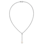 Sterling Silver Rhodium-plated 6-9mm Teardrop White Freshwater Cultured Pearl 16 inch Y-Necklace and Chain Dangle Post Earring Set
