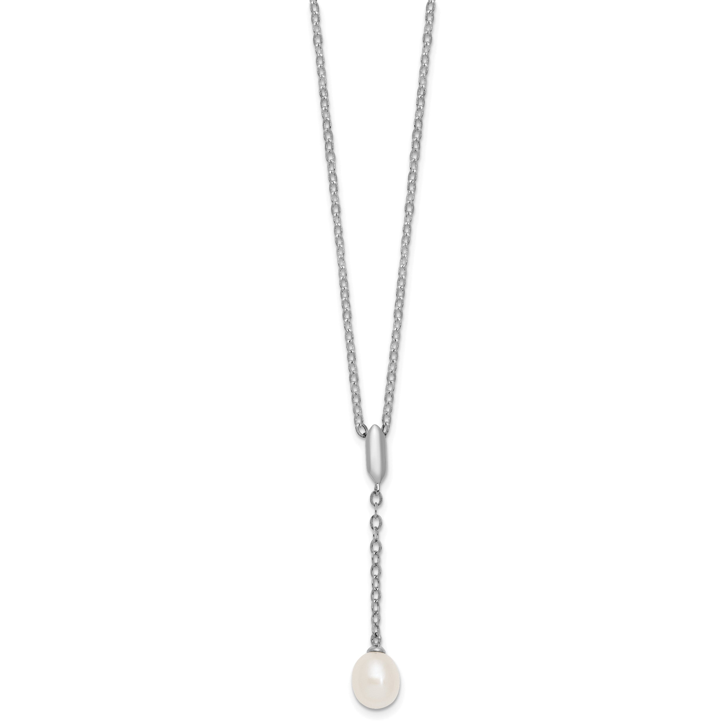 Sterling Silver Rhodium-plated 6-9mm Teardrop White Freshwater Cultured Pearl 16 inch Y-Necklace and Chain Dangle Post Earring Set