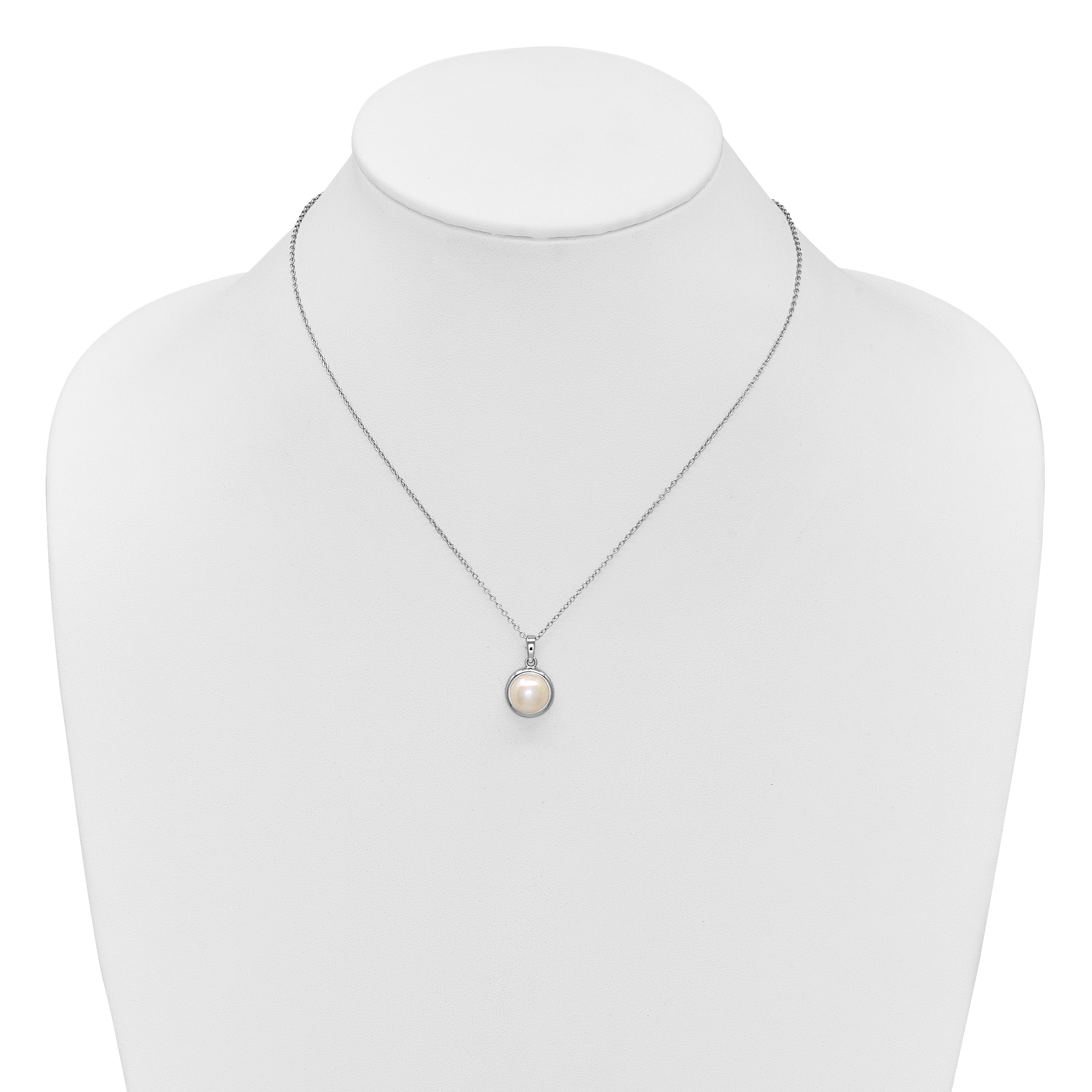 Sterling Silver Rhodium-plated 8-10mm Button White Freshwater Cultured Pearl 17 inch Necklace and Omega Back Earring Set
