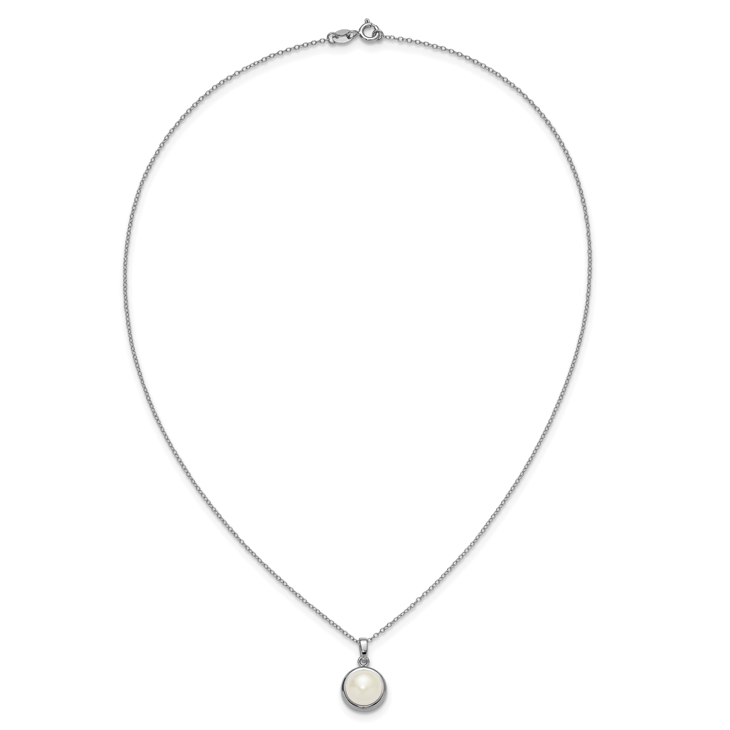 Sterling Silver Rhodium-plated 8-10mm Button White Freshwater Cultured Pearl 17 inch Necklace and Omega Back Earring Set