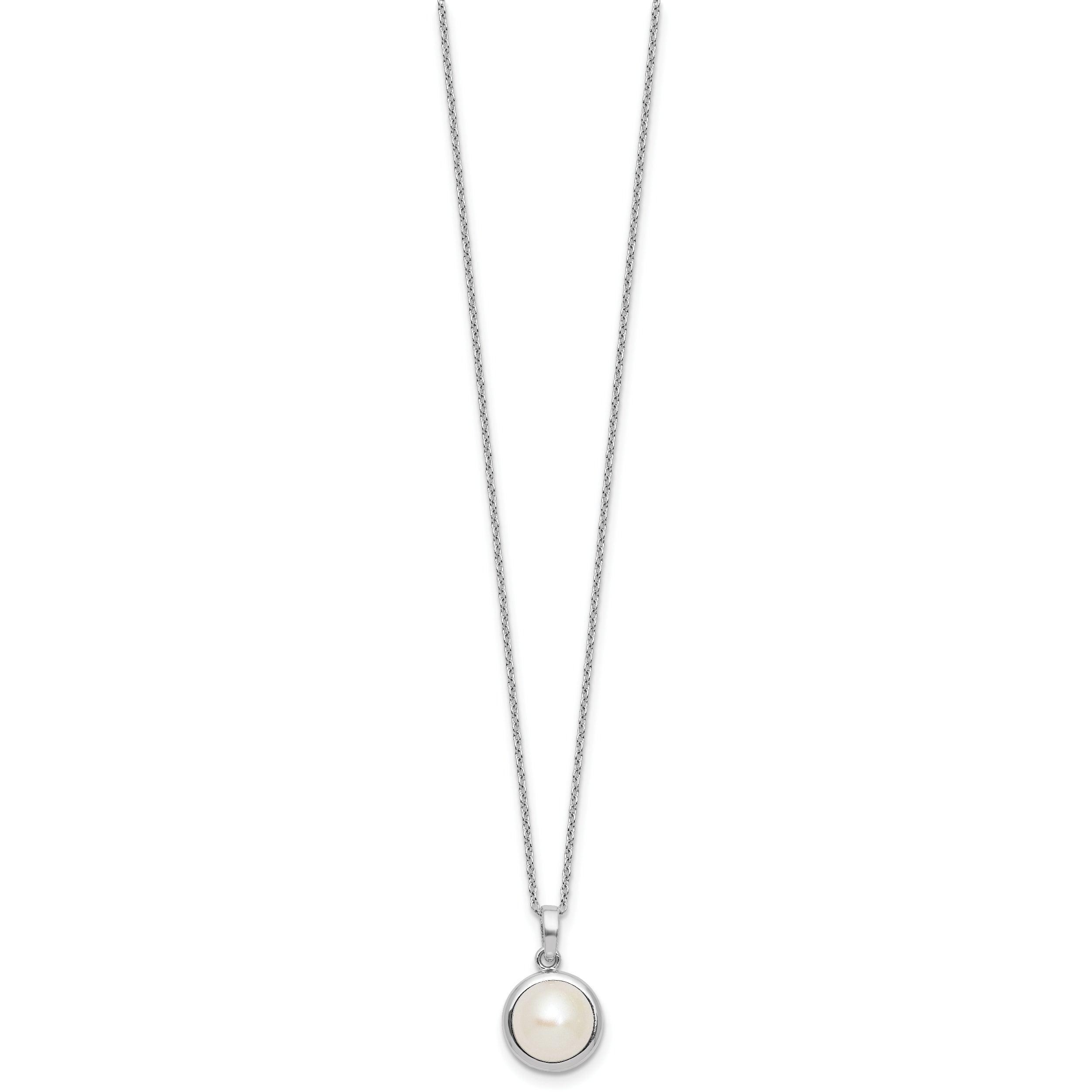 Sterling Silver Rhodium-plated 8-10mm Button White Freshwater Cultured Pearl 17 inch Necklace and Omega Back Earring Set