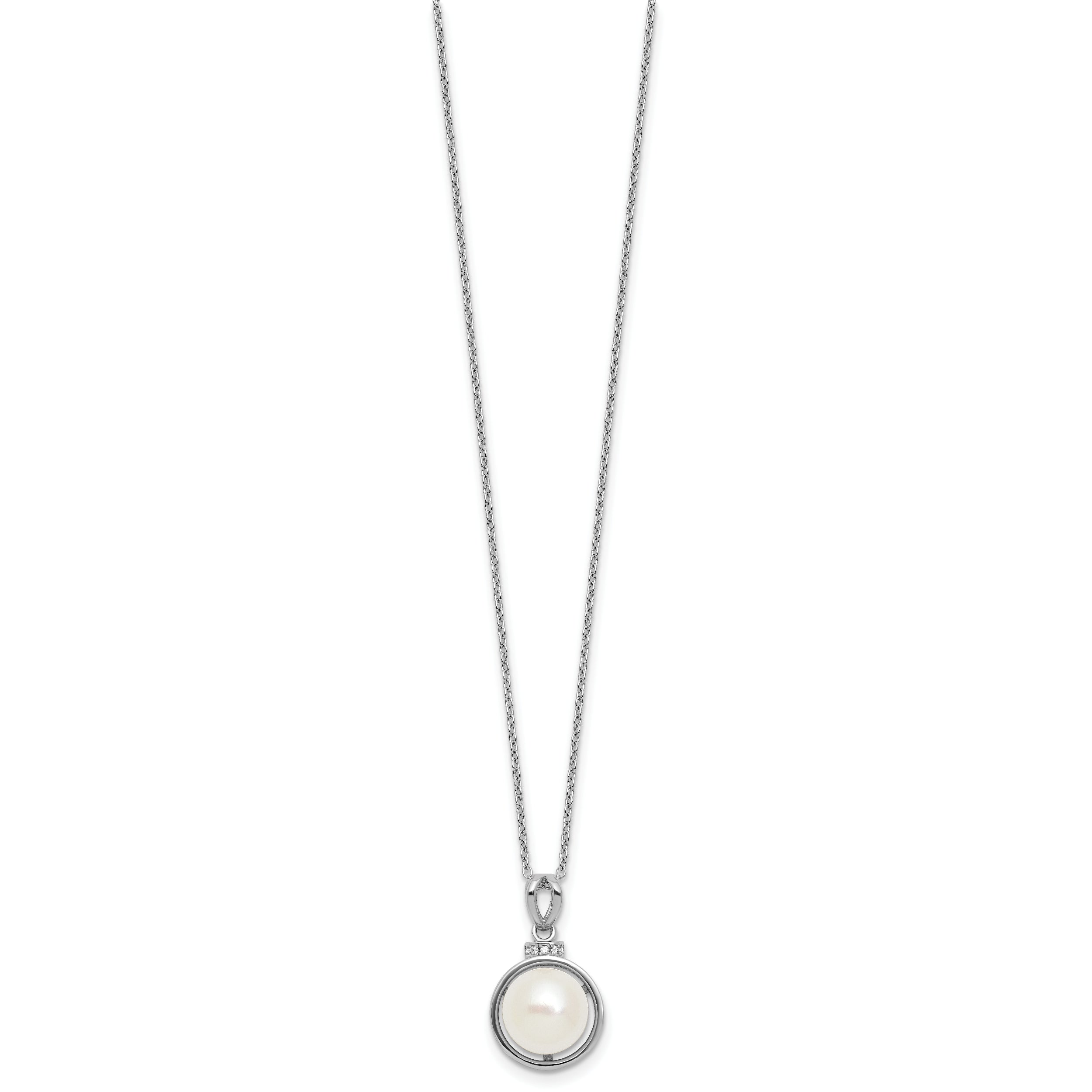 Sterling Silver Rhodium-plated 8-10mm Button White Freshwater Cultured Pearl and CZ 17 inch Necklace and Dangle Shepherd Hook Earring Set