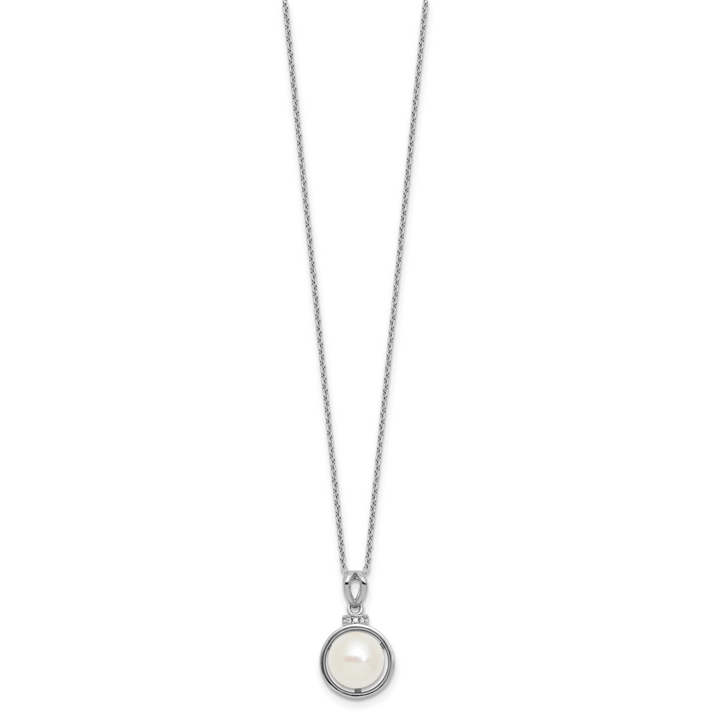 Sterling Silver Rhodium-plated 8-10mm Button White Freshwater Cultured Pearl and CZ 17 inch Necklace and Dangle Shepherd Hook Earring Set