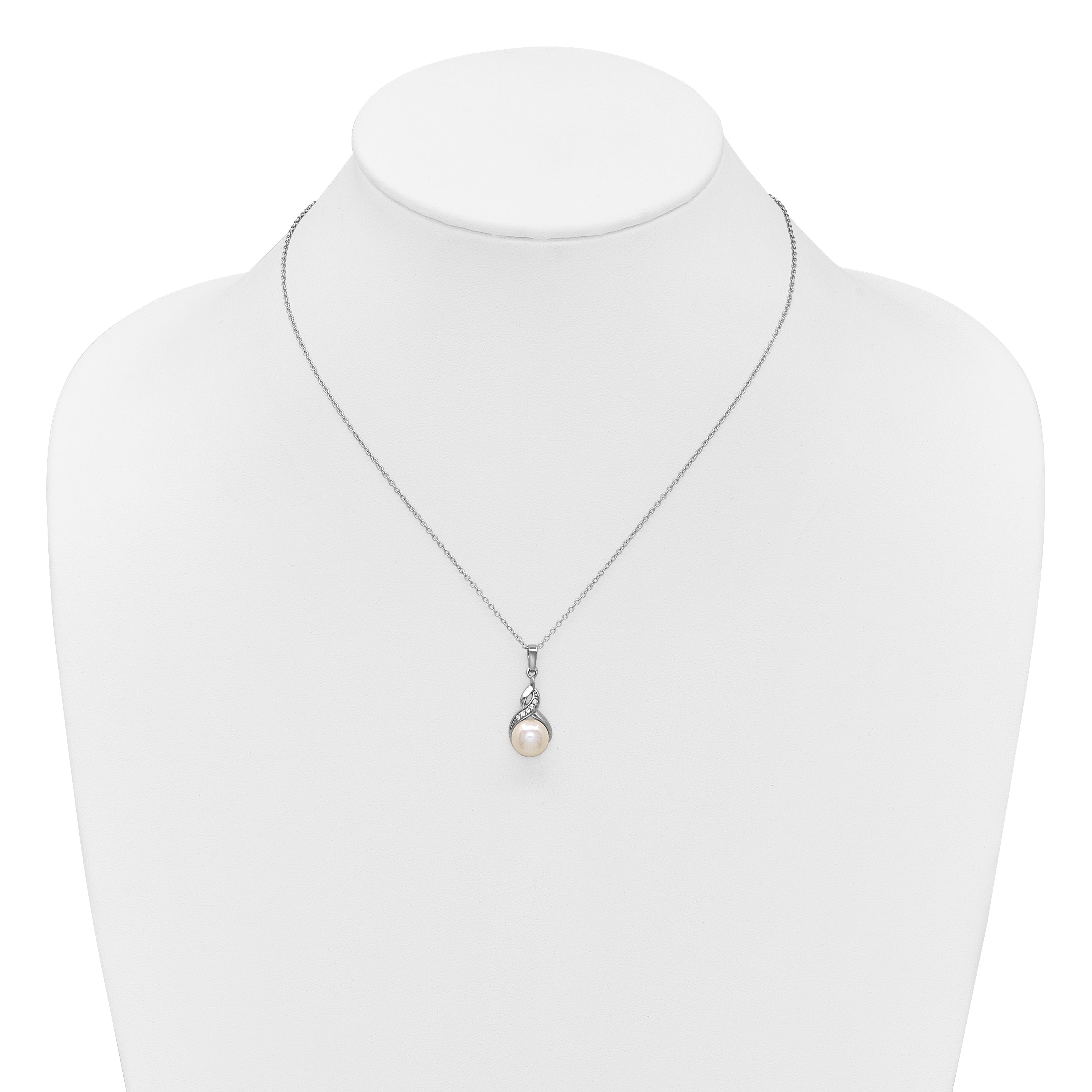 Sterling Silver Rhodium-plated 7-9mm Button White Freshwater Cultured Pearl and CZ 17 inch Necklace and Post Earring Set