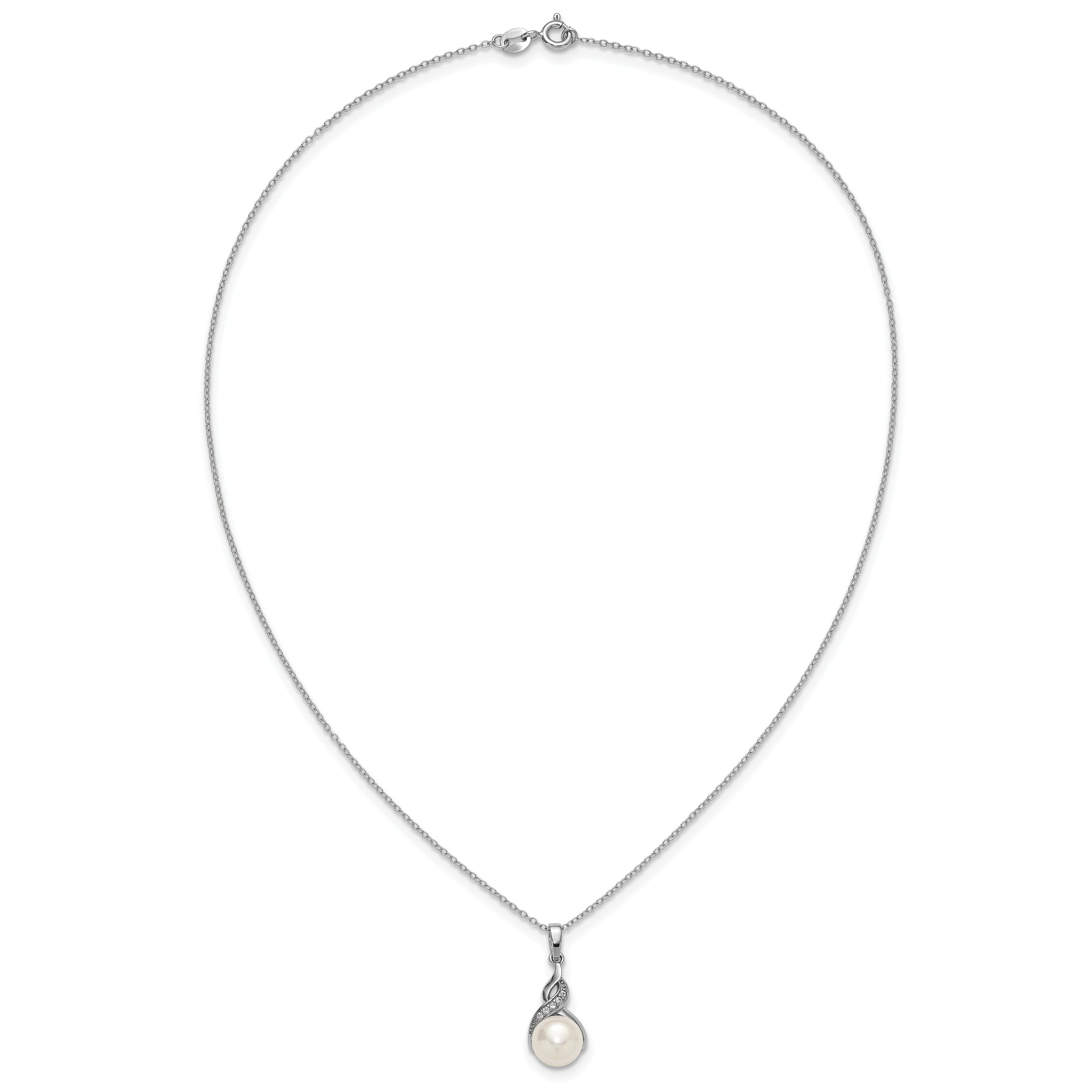 Sterling Silver Rhodium-plated 7-9mm Button White Freshwater Cultured Pearl and CZ 17 inch Necklace and Post Earring Set