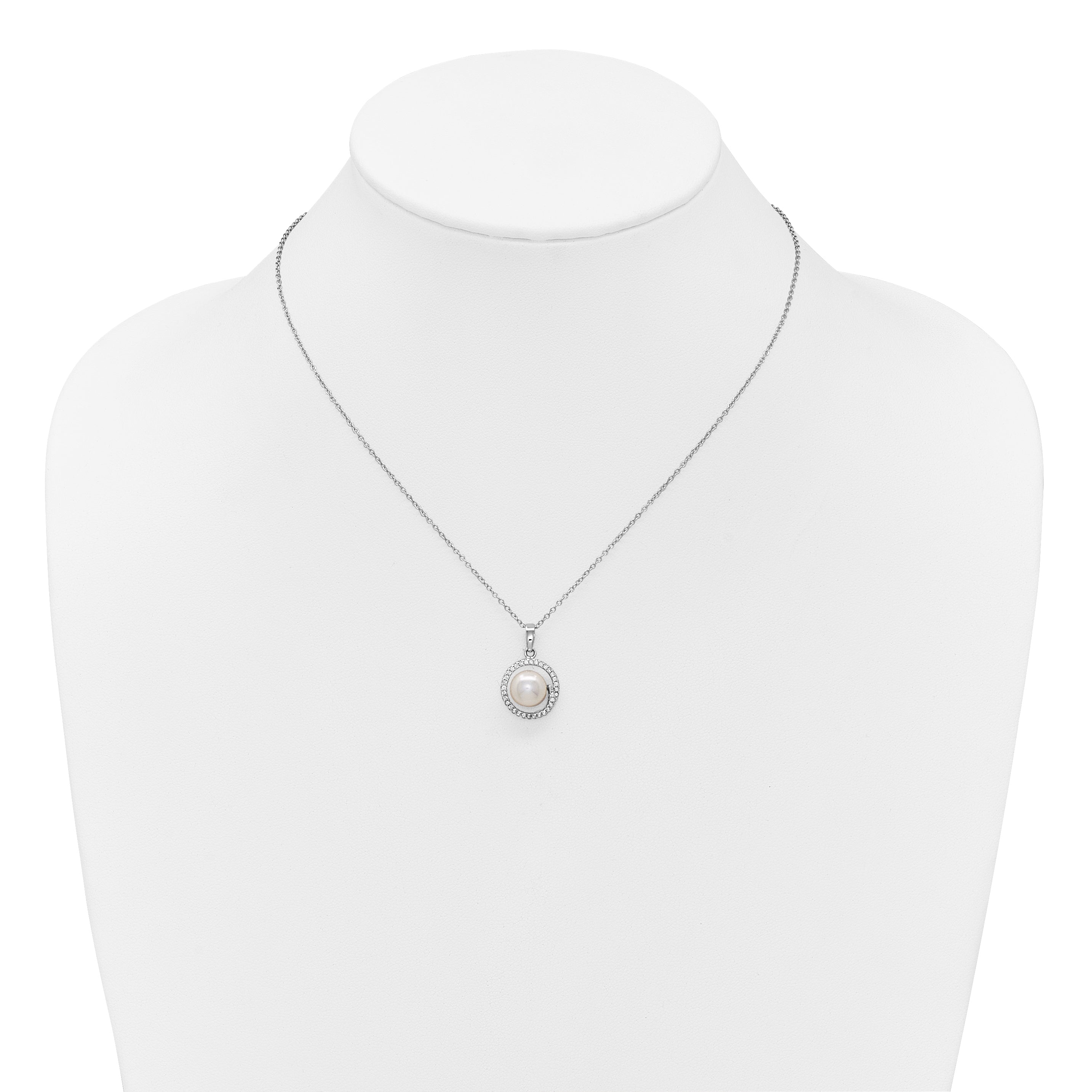 Sterling Silver Rhodium-plated 7-9mm Button White Freshwater Cultured Pearl and CZ Halo 17 inch Necklace and Post Earring Set