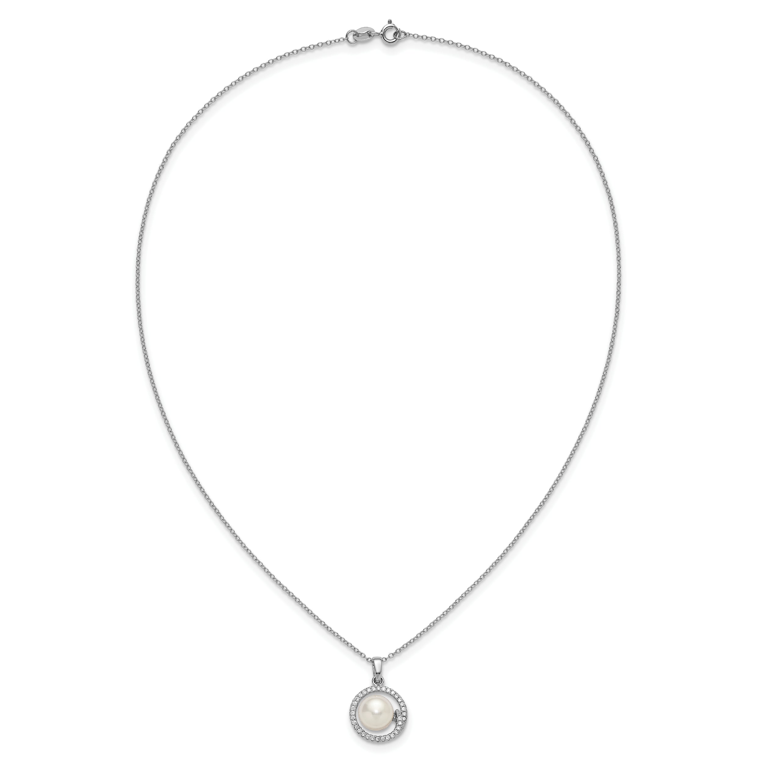 Sterling Silver Rhodium-plated 7-9mm Button White Freshwater Cultured Pearl and CZ Halo 17 inch Necklace and Post Earring Set