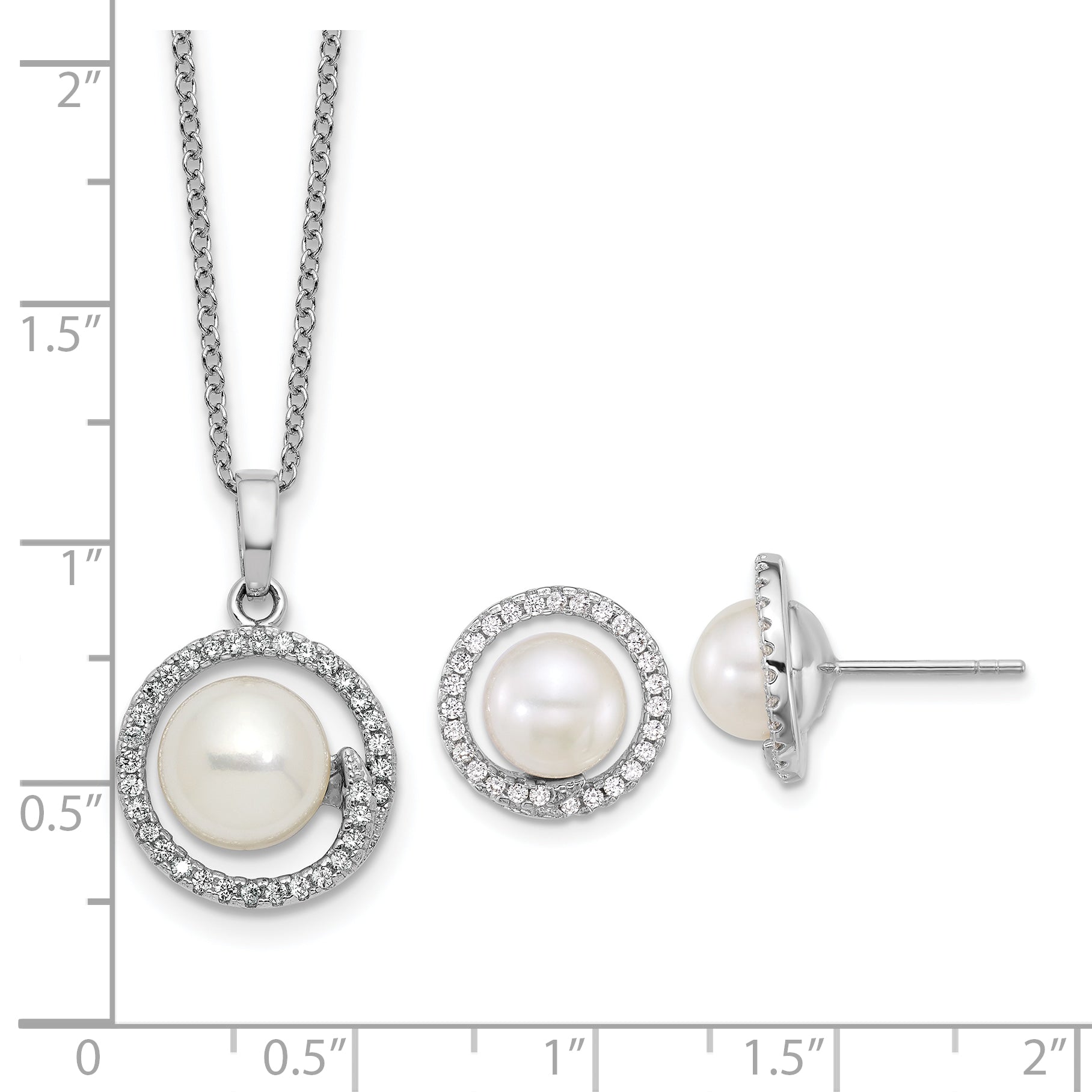 Sterling Silver Rhodium-plated 7-9mm Button White Freshwater Cultured Pearl and CZ Halo 17 inch Necklace and Post Earring Set
