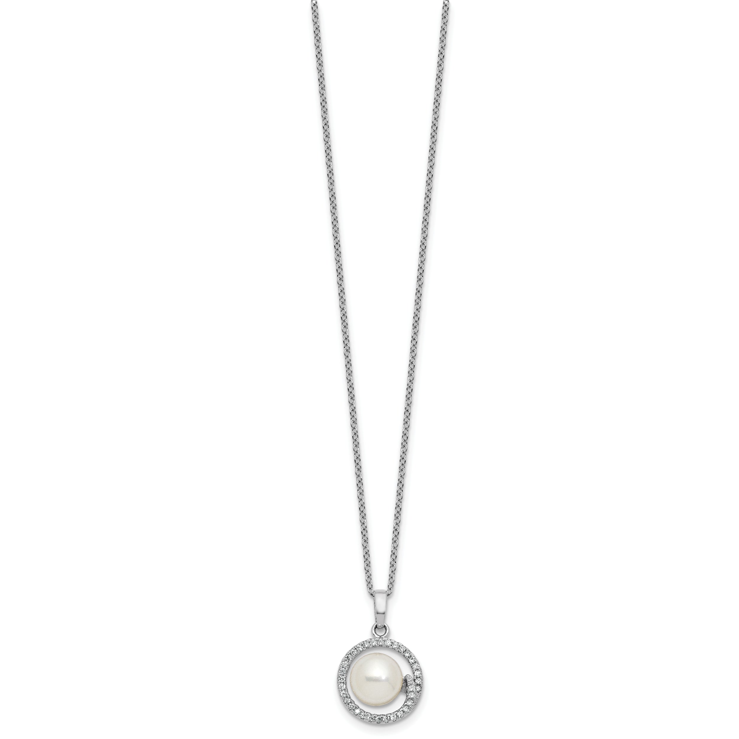 Sterling Silver Rhodium-plated 7-9mm Button White Freshwater Cultured Pearl and CZ Halo 17 inch Necklace and Post Earring Set