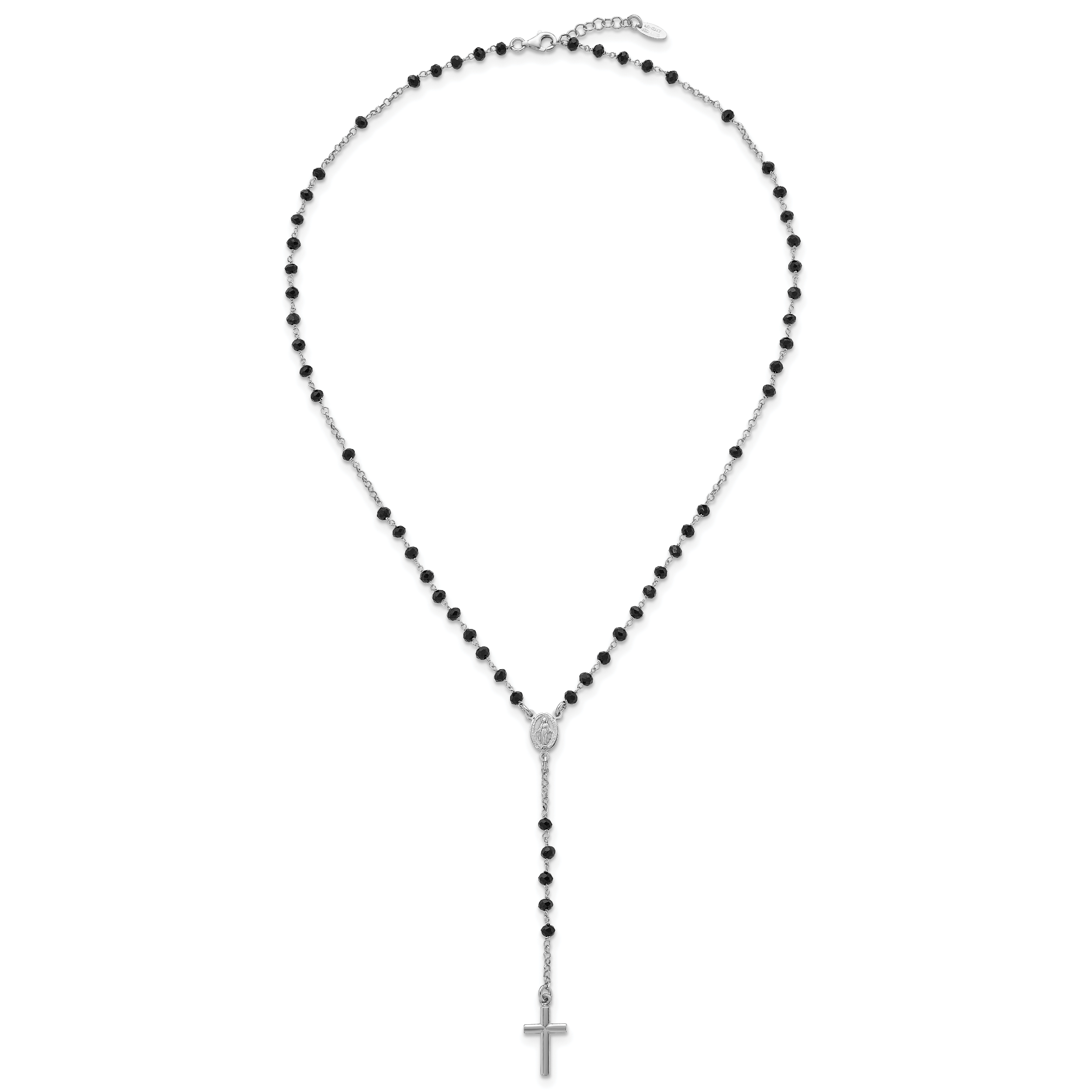 Sterling Silver Rhodium-plated Black Crystal 18.5 inch with 1 inch extender Rosary Necklace