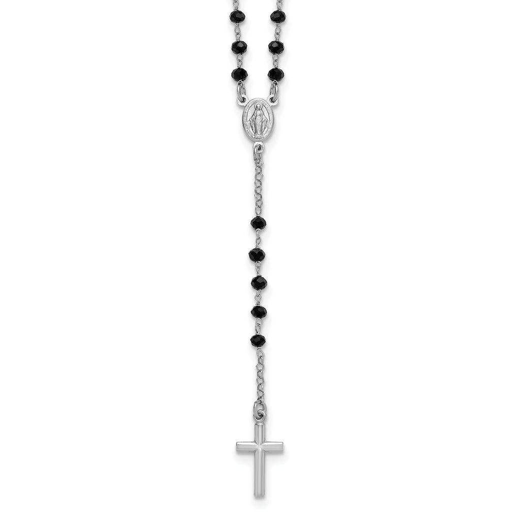 Sterling Silver Rhodium-plated Black Crystal 18.5 inch with 1 inch extender Rosary Necklace