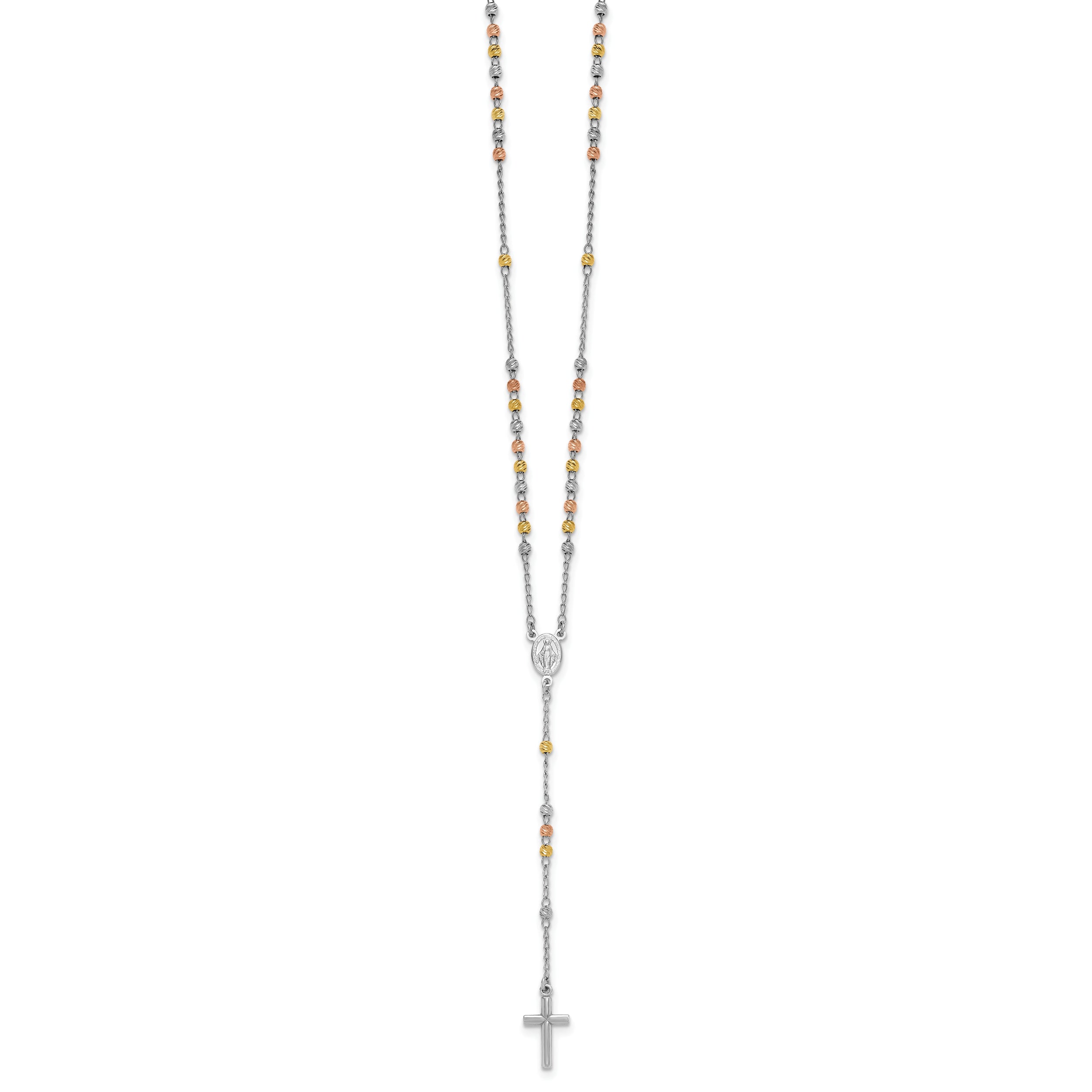 Sterling Silver Rhodium-plated Diamond-cut Tri-color Gold-plated 18.5 inch with 1 inch extender Rosary Necklace