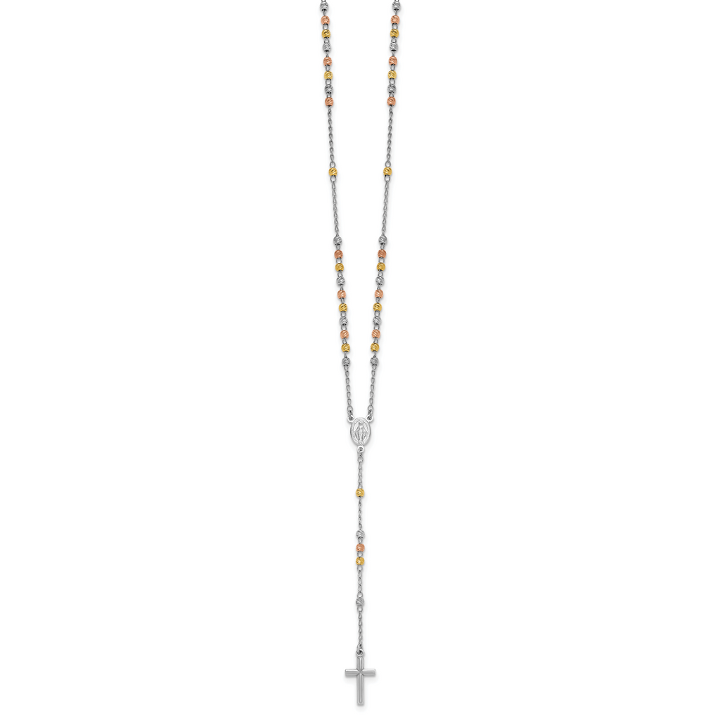 Sterling Silver Rhodium-plated Diamond-cut Tri-color Gold-plated 18.5 inch with 1 inch extender Rosary Necklace