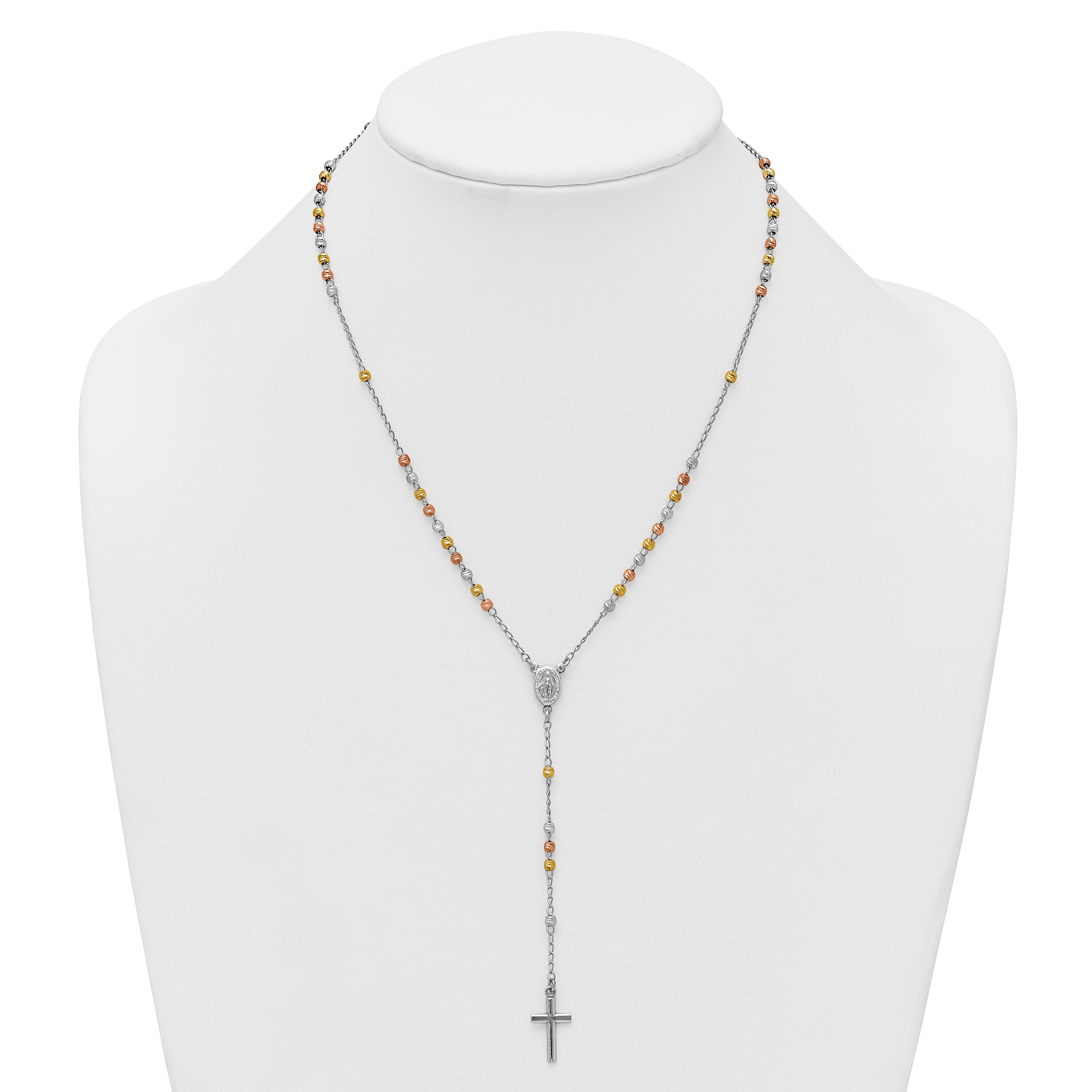 Sterling Silver Rhodium-plated Diamond-cut Tri-color Gold-plated 18.5 inch with 1 inch extender Rosary Necklace