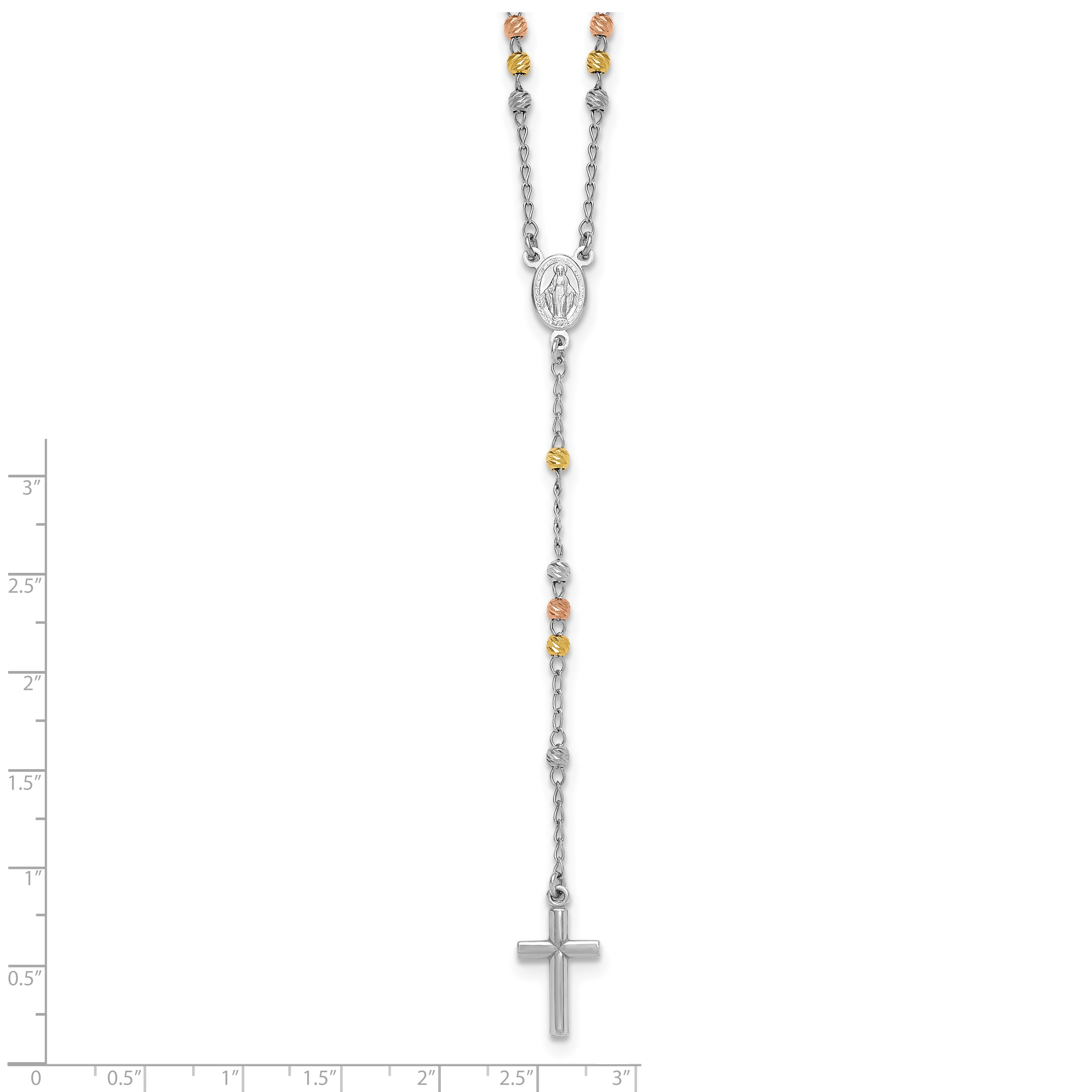 Sterling Silver Rhodium-plated Diamond-cut Tri-color Gold-plated 18.5 inch with 1 inch extender Rosary Necklace