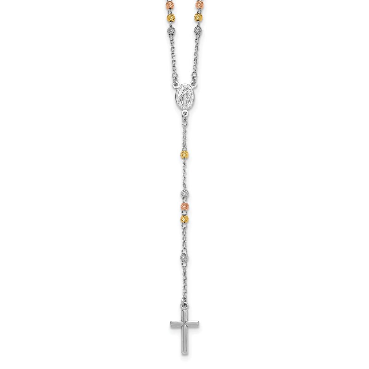 Sterling Silver Rhodium-plated Diamond-cut Tri-color Gold-plated 18.5 inch with 1 inch extender Rosary Necklace