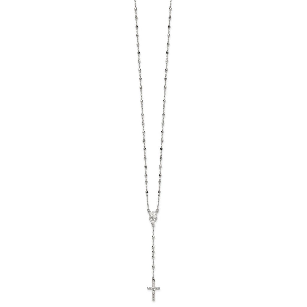 Sterling Silver Polished and Beaded Rosary 24 inch Necklace