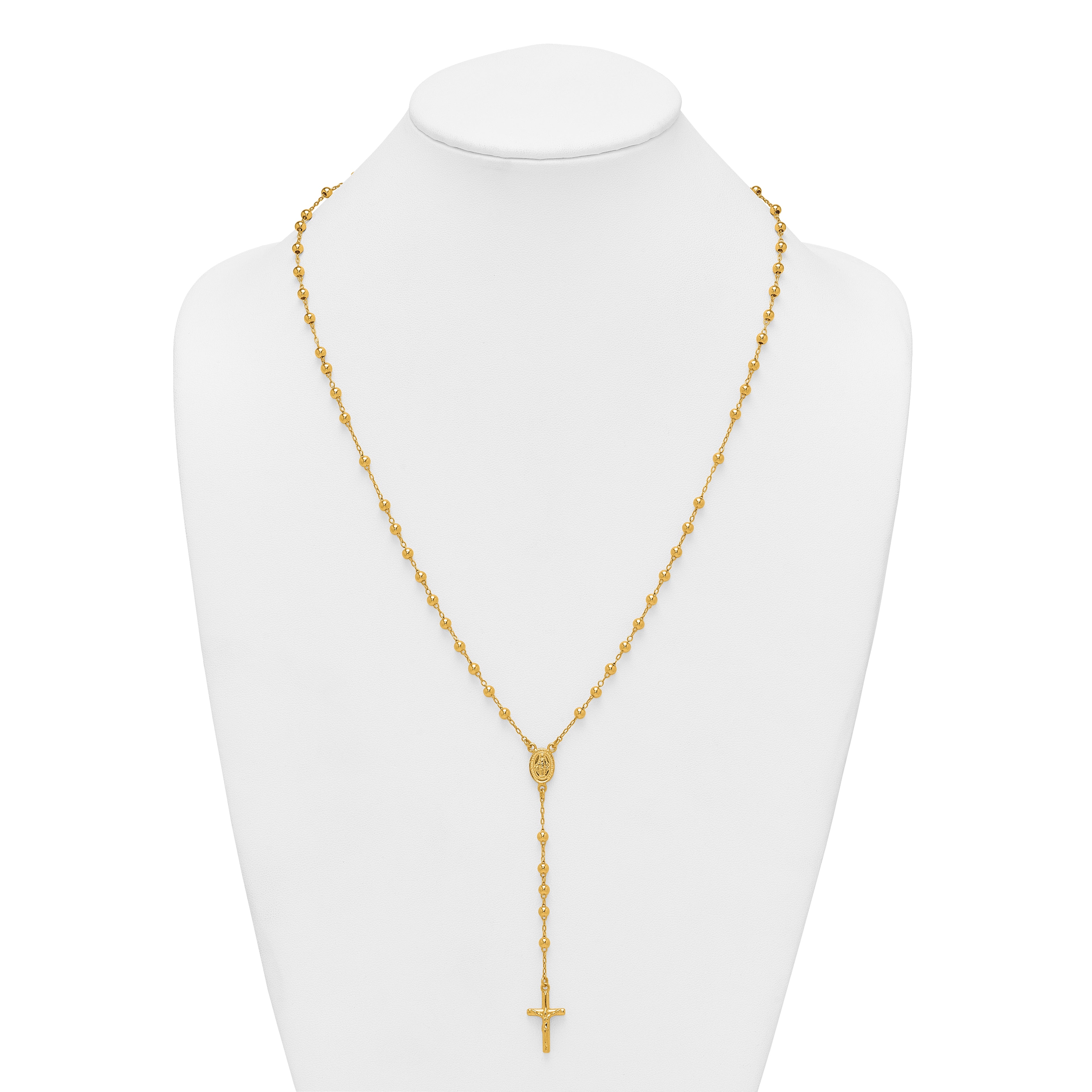 Sterling Silver Gold-tone Polished and Beaded Rosary 24 inch Necklace