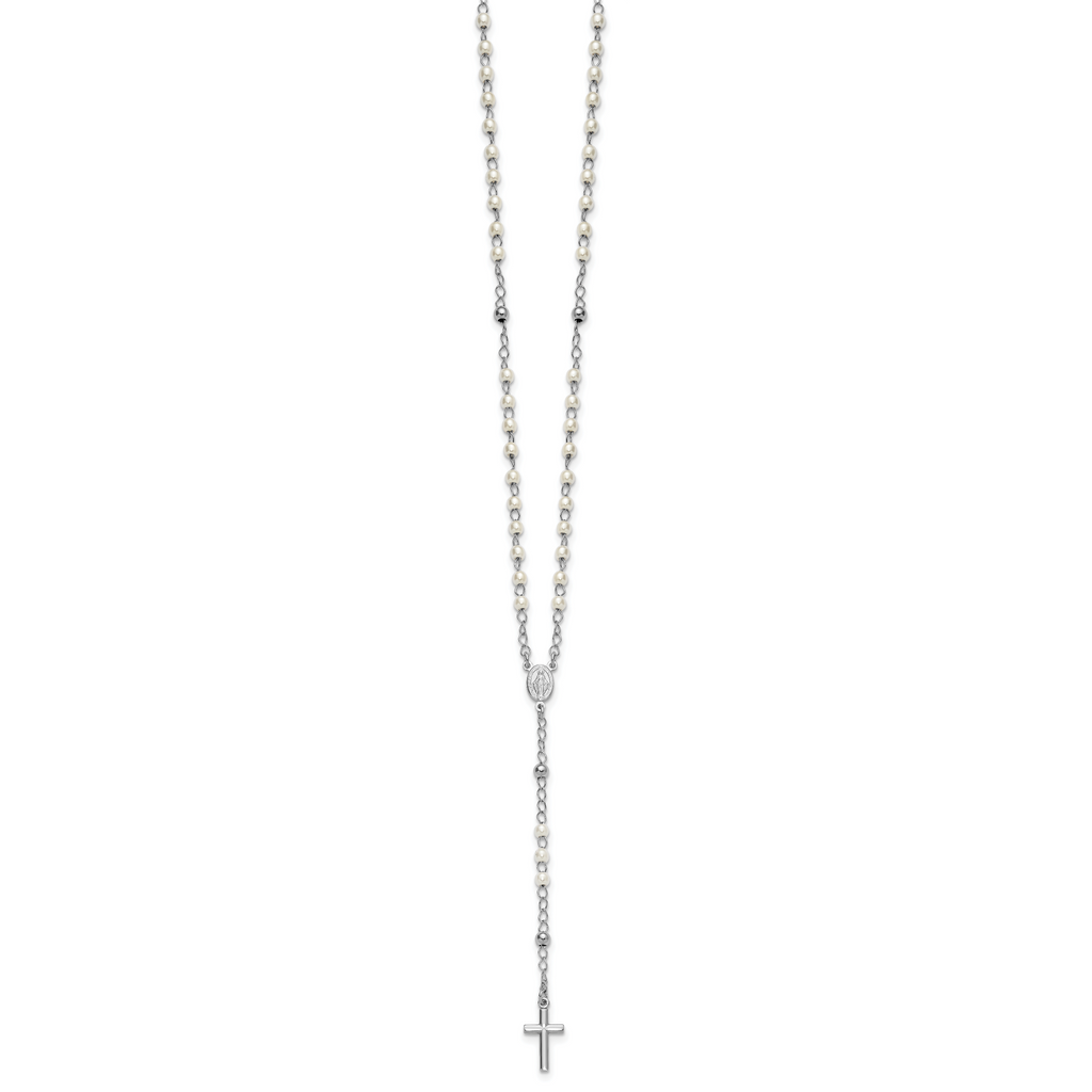 Sterling Silver Rhodium-plated Plastic Imitation Pearl 19.75 inch with 1 inch extender Rosary Necklace